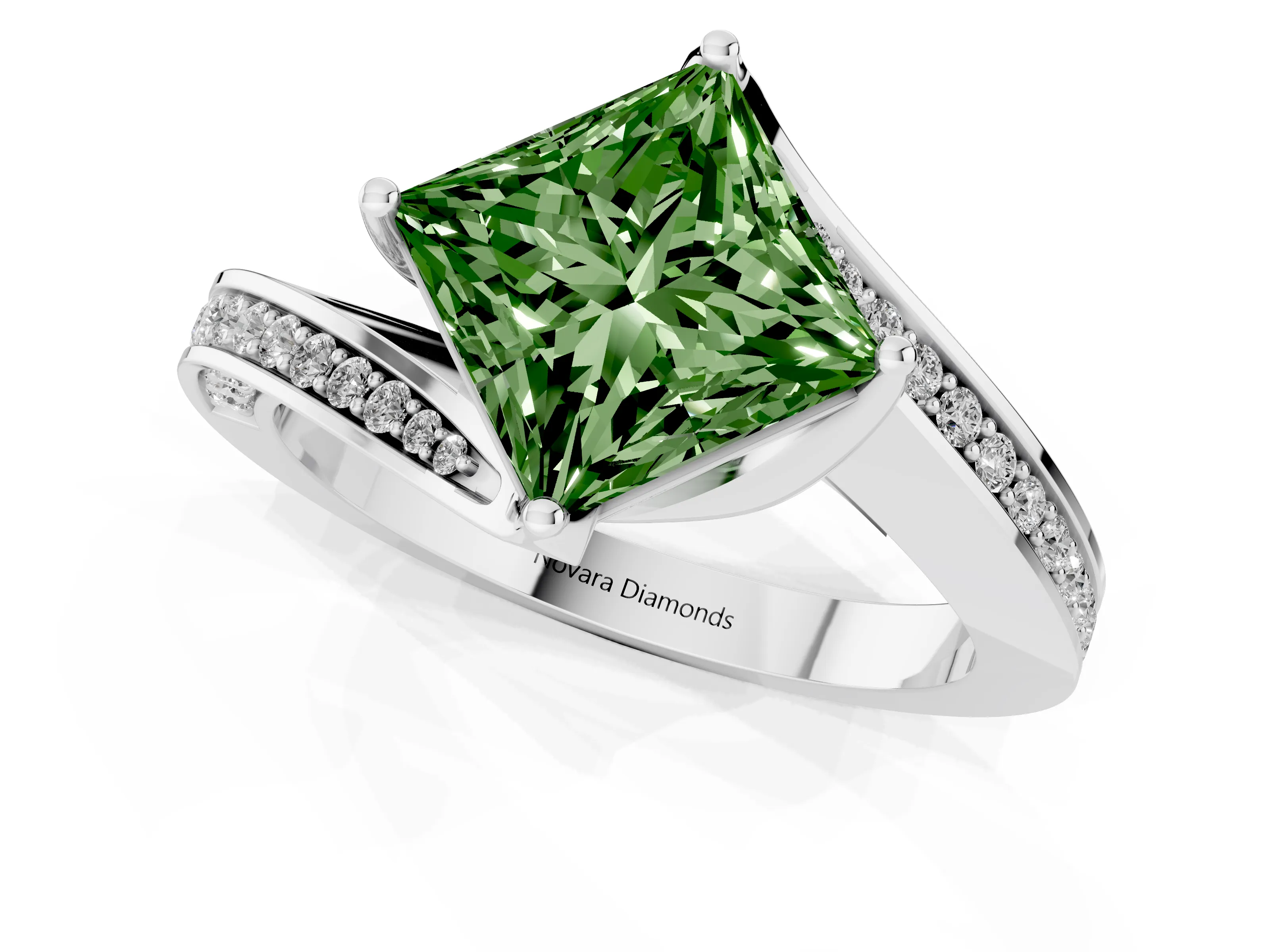 Fancy Green Princess Cut Diamond Solitaire Ring Set in Platinum with Intertwined Pavé Twist Band