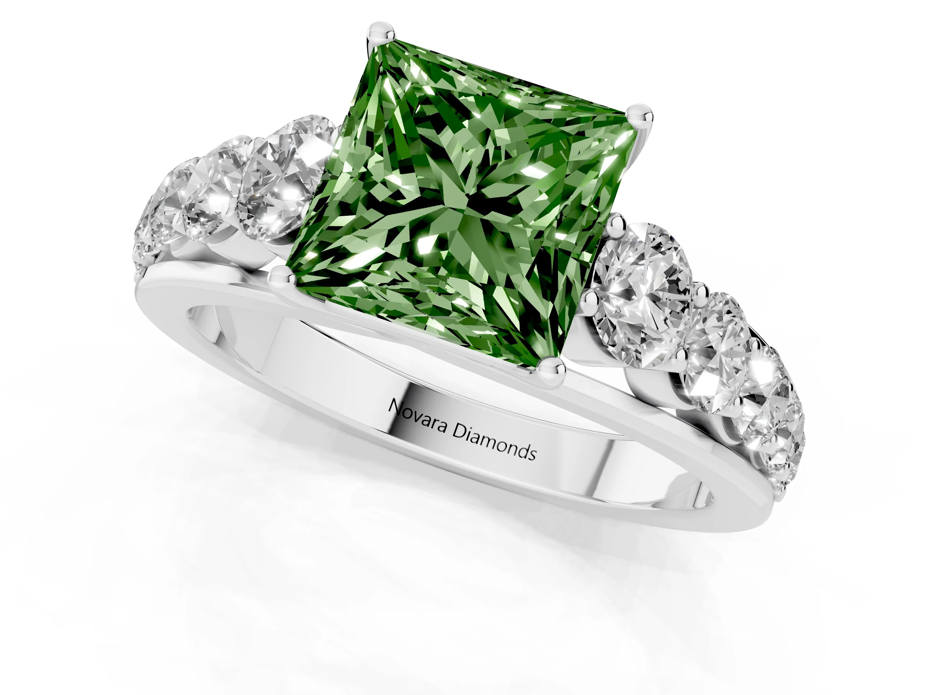 Fancy Green Princess Cut Diamond Solitaire Ring Set in Platinum with Pavé-Set Band and Prong Setting
