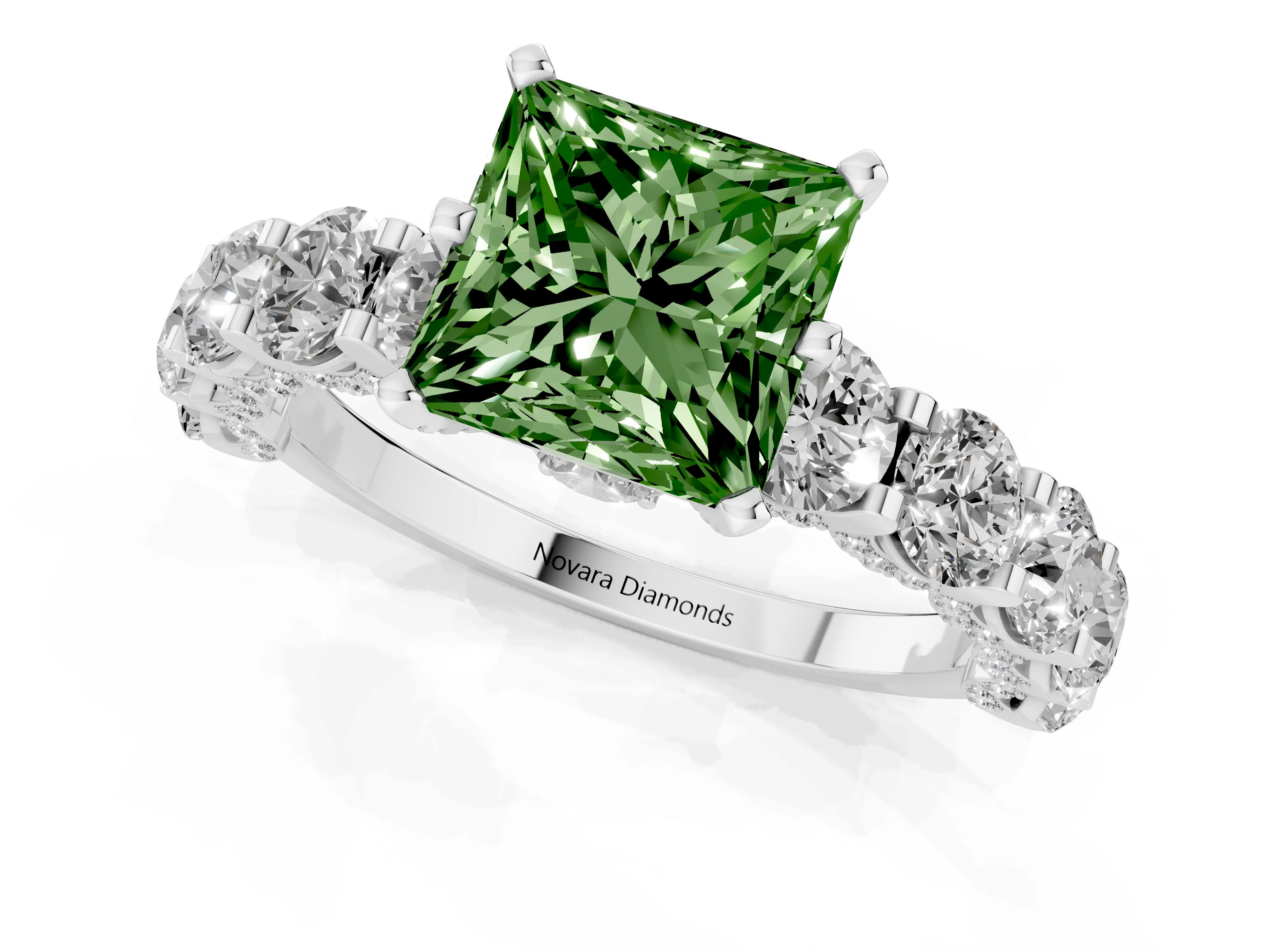 Fancy Green Princess Cut Diamond Side Stone Ring Set in Platinum with Alternating Round and Oval Side Stones