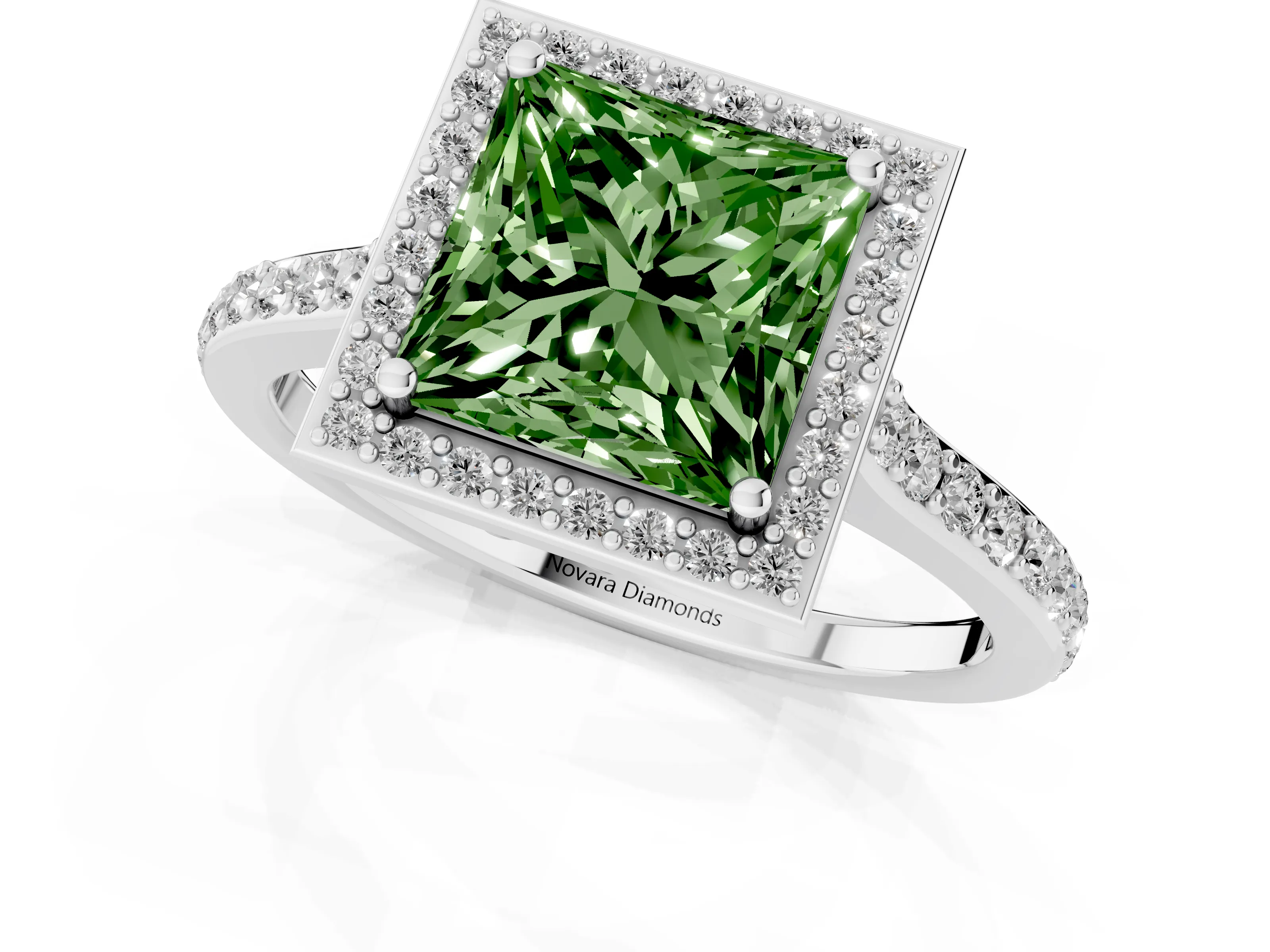 Fancy Green Princess Cut Diamond Halo Engagement Ring Set in Platinum with Round Pavé Shoulders and Heart Gallery – second view
