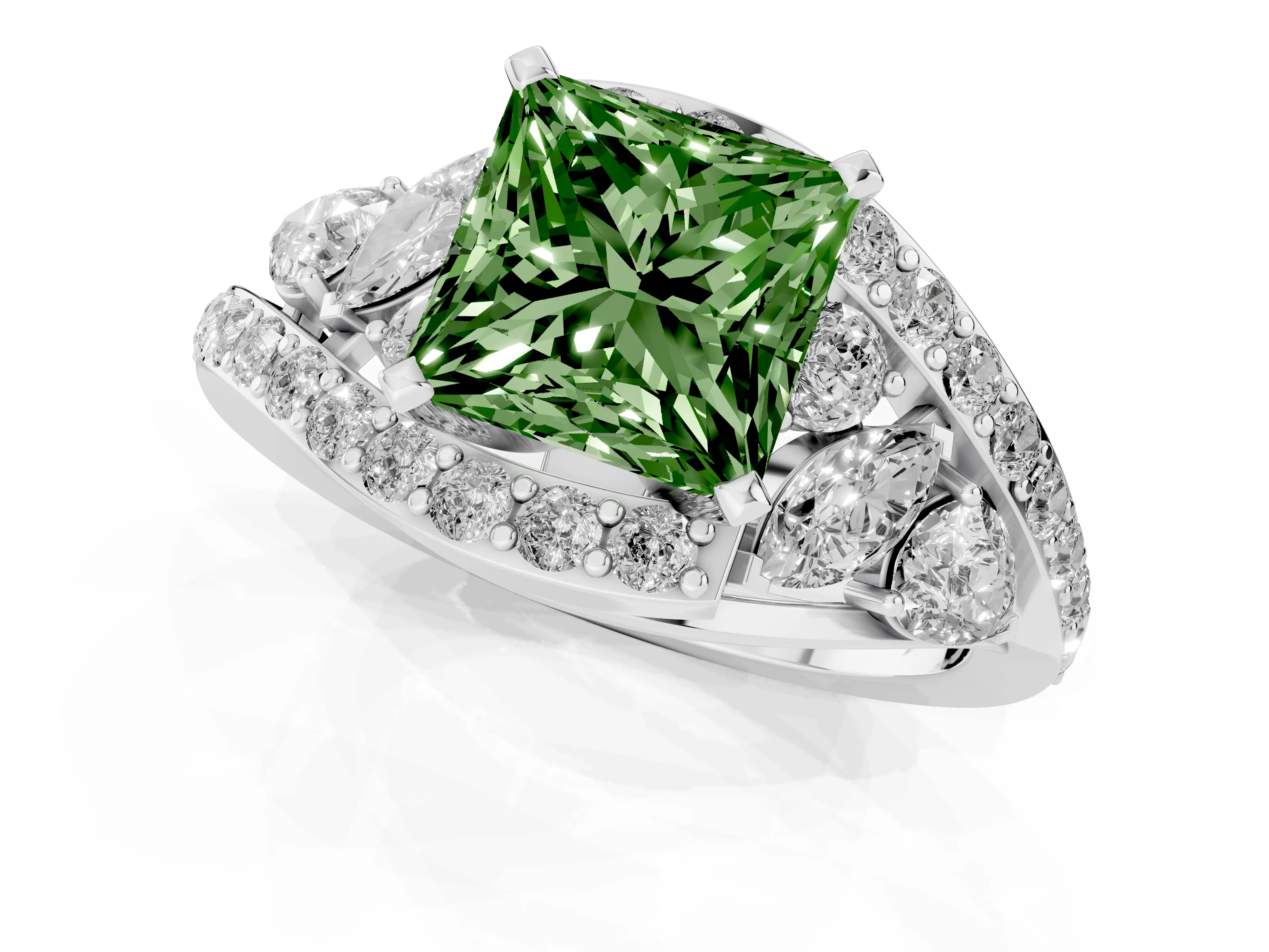 Fancy Green Princess Cut Diamond Halo Ring Set in Platinum with Marquise and Pavé Band in Prong Setting
