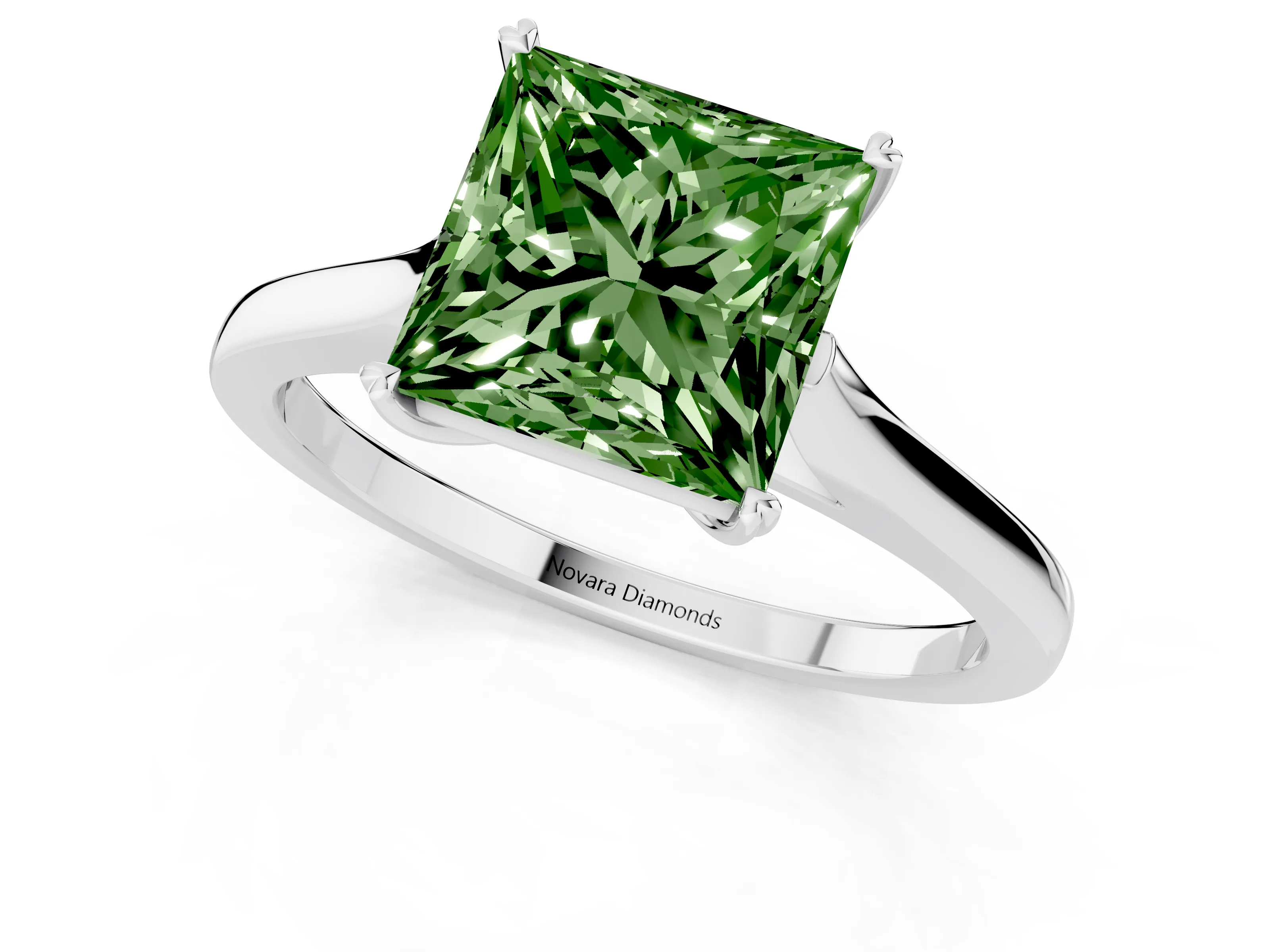 Fancy Green Princess Cut Diamond Solitaire Heart Prong Engagement Ring Set in White gold with Tapered Band