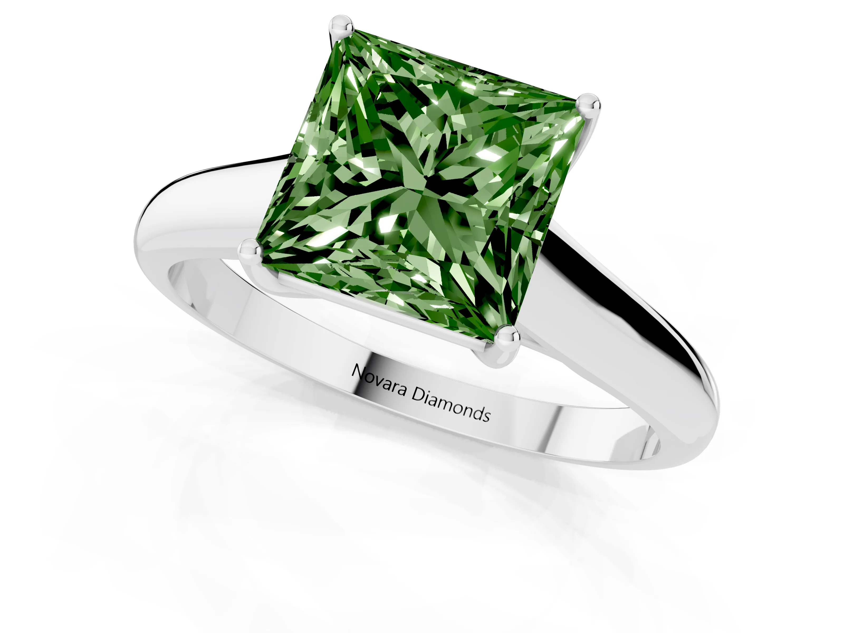 Fancy Green Princess Cut Diamond Solitaire Engagement Ring Set in Platinum with Subtly Tapered Band and Prong Setting