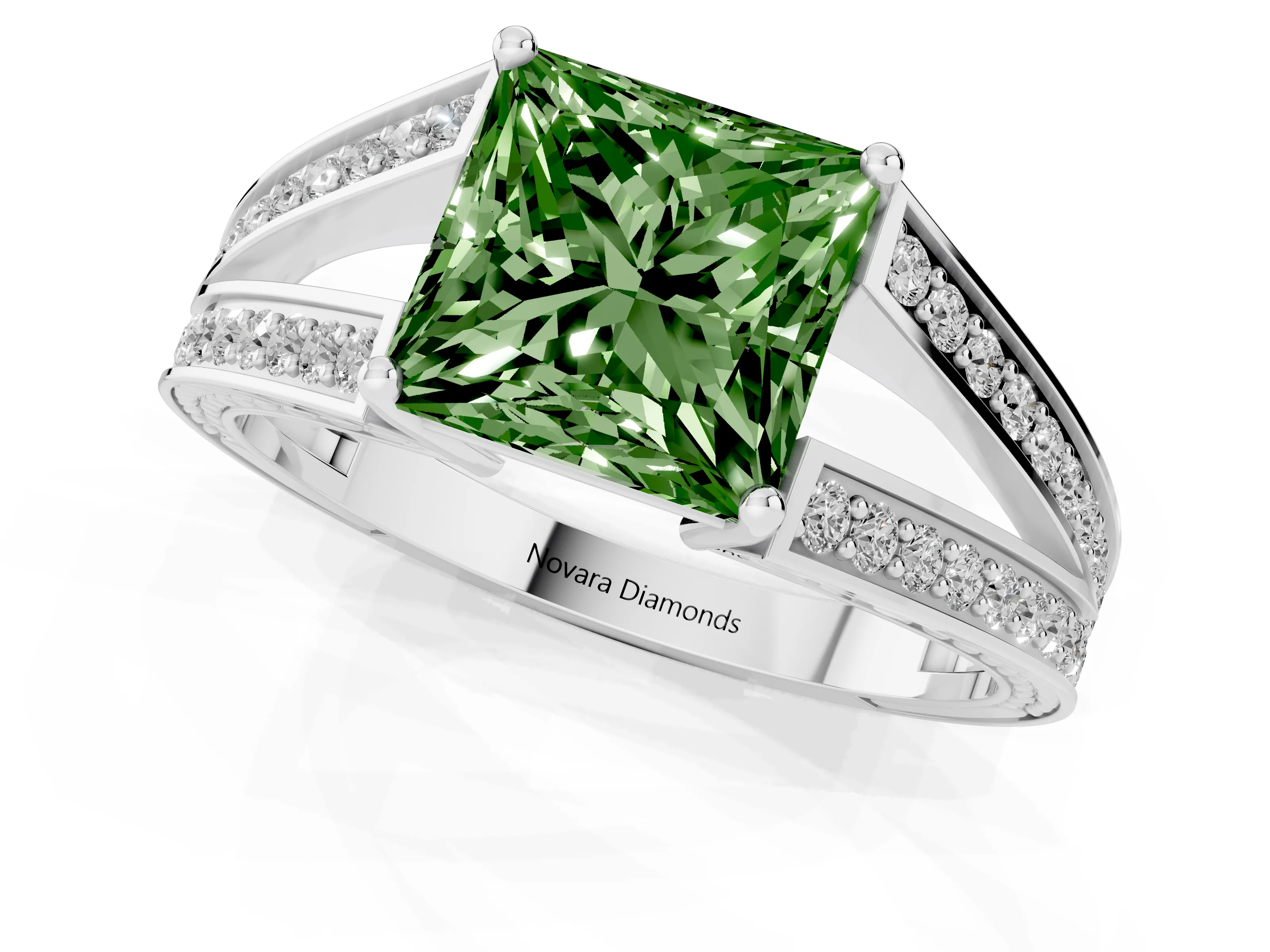 Fancy Green Princess Cut Diamond Split Shank Ring Set in White gold with Pavé Band and Prong Setting