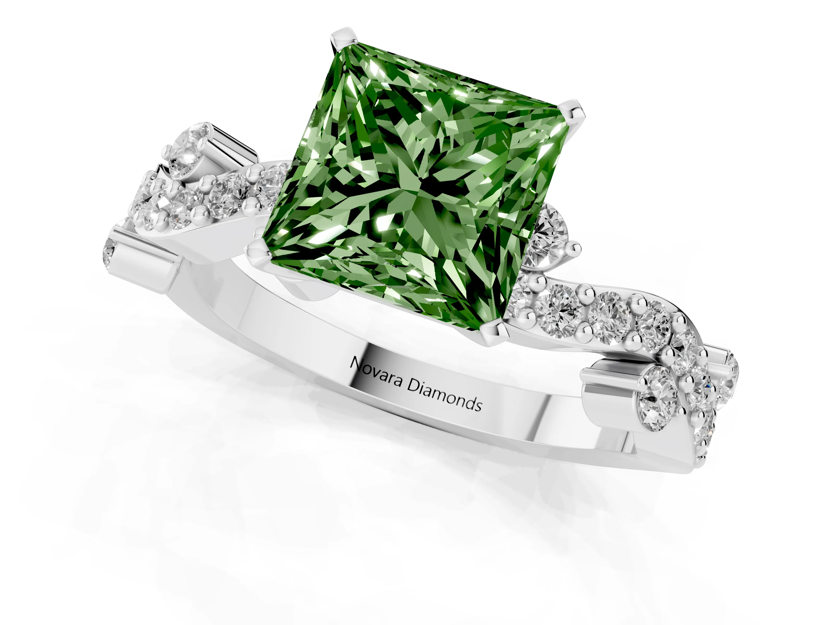 Fancy Green Princess Cut Diamond Solitaire Twisted Band Set in Platinum with Pavé Setting