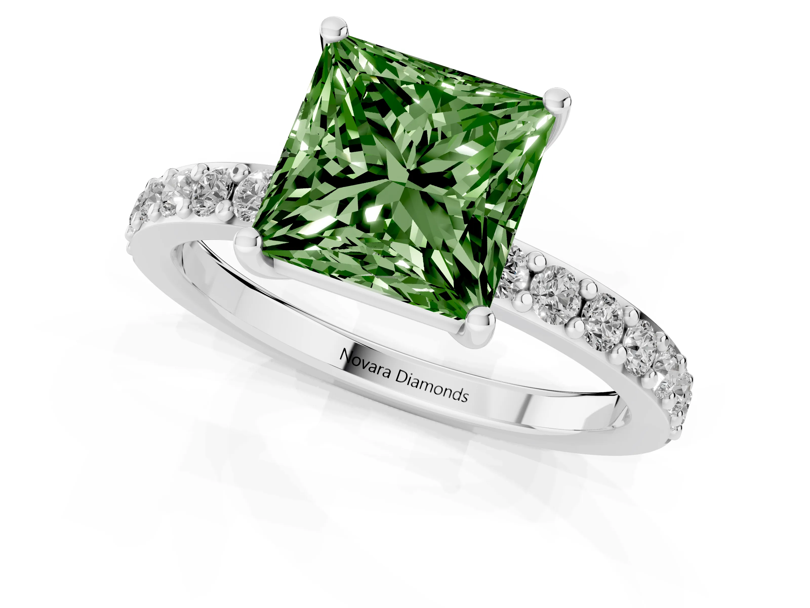 Fancy Green Princess Cut Diamond Solitaire Set in Platinum with Round Pavé Band and Prong Setting