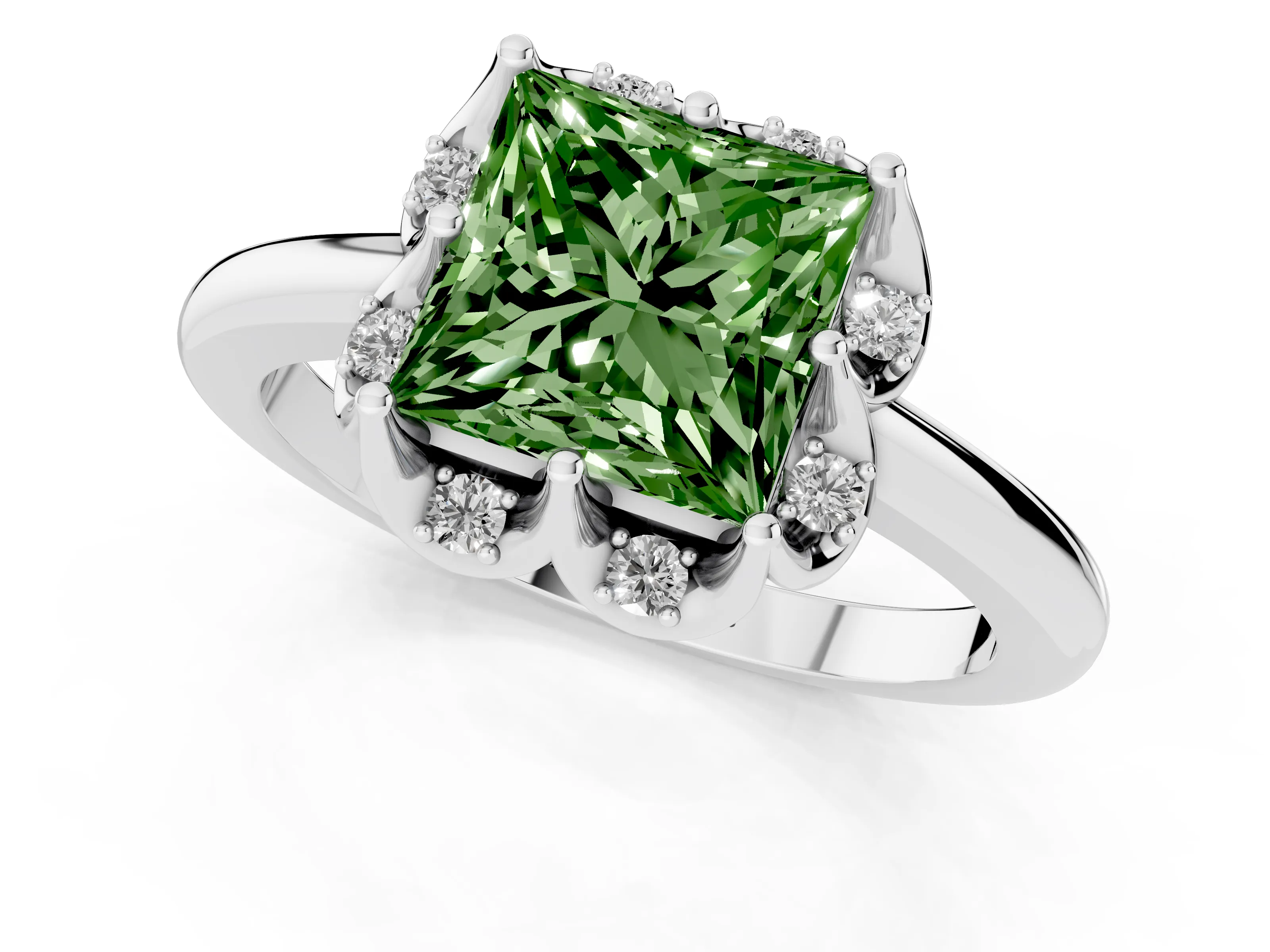 Fancy Green Princess Cut Diamond Round Cluster Halo Ring Set in White gold with Solitaire Band and Prong Setting