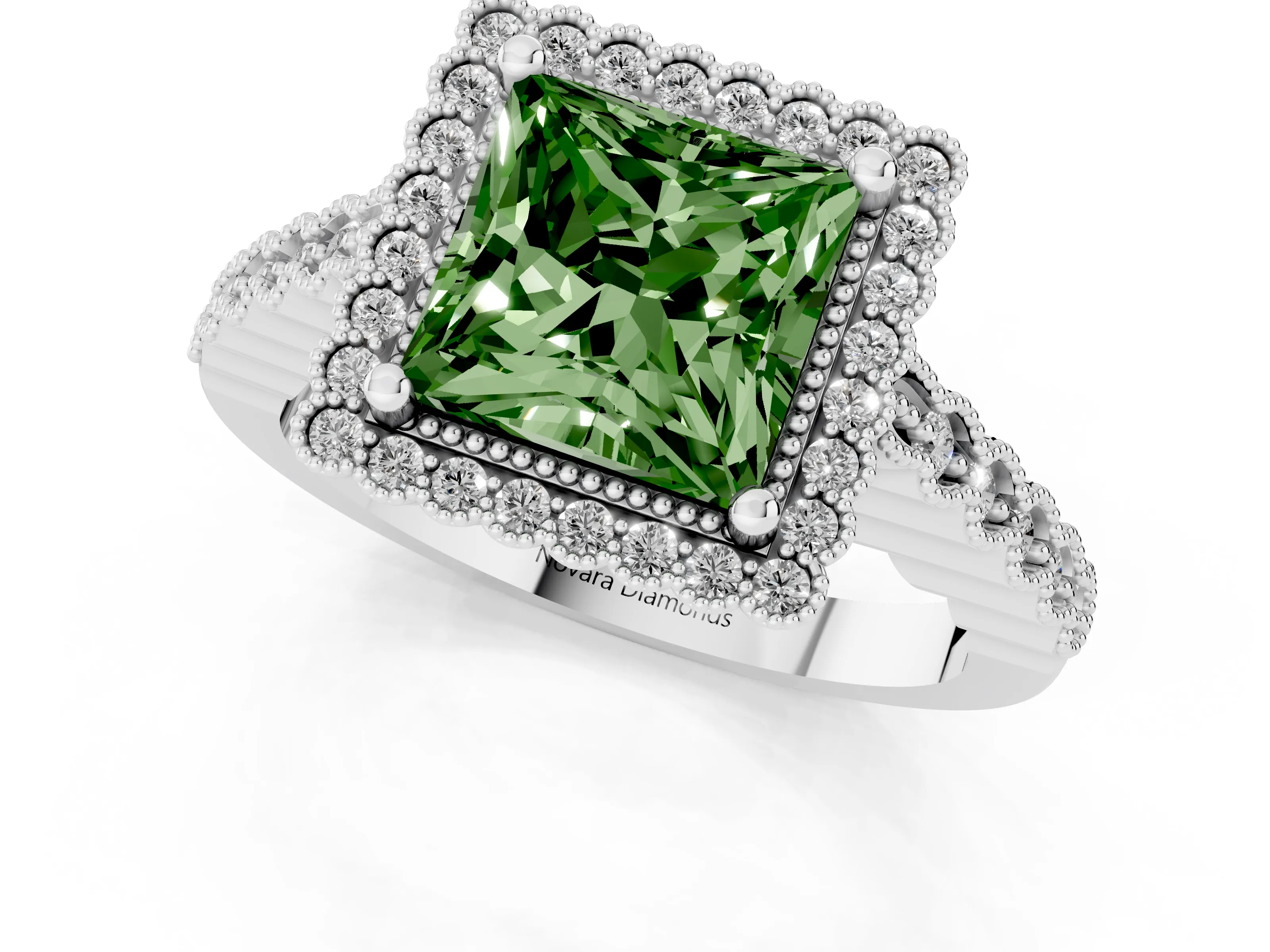 Fancy Green Princess Cut Diamond Halo Ring Set in White gold with Pavé Milgrain Band – second view