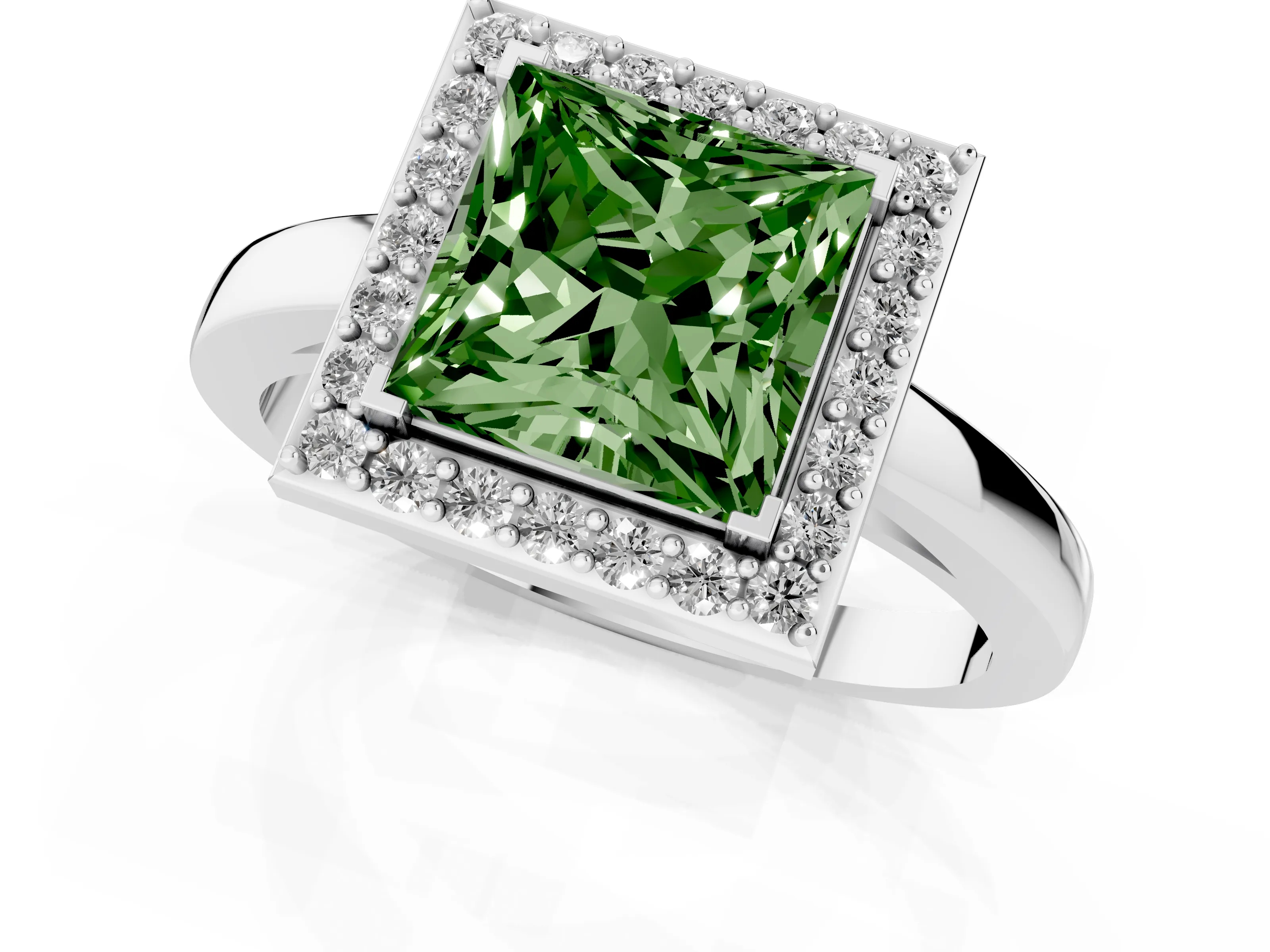 Fancy Green Princess Cut Diamond Halo Ring Set in Silver with Solitaire Band and Prong Setting