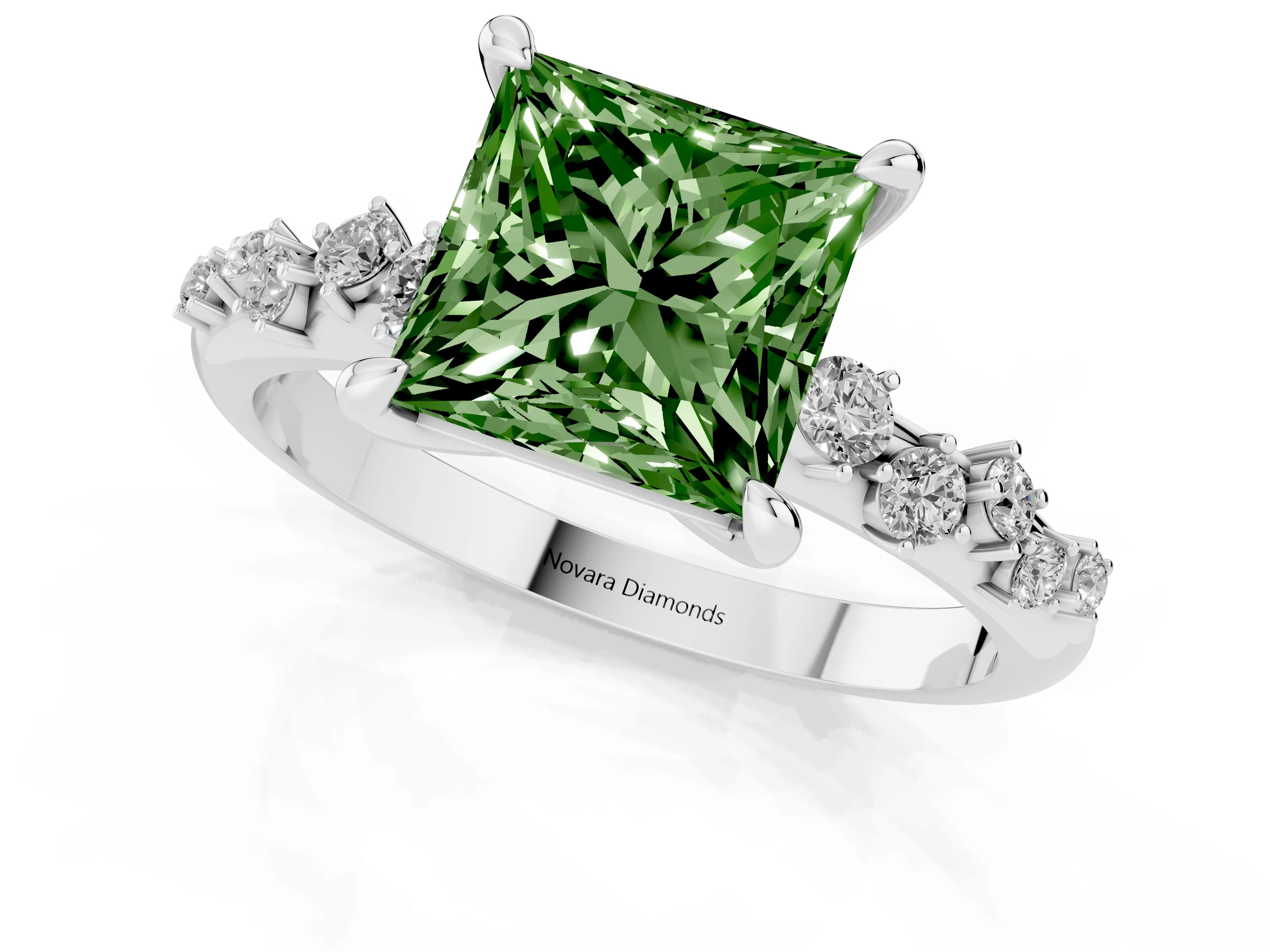 Fancy Green Princess Cut Diamond Solitaire Vine Band Ring Set in White gold with Round Accents and Prong Setting
