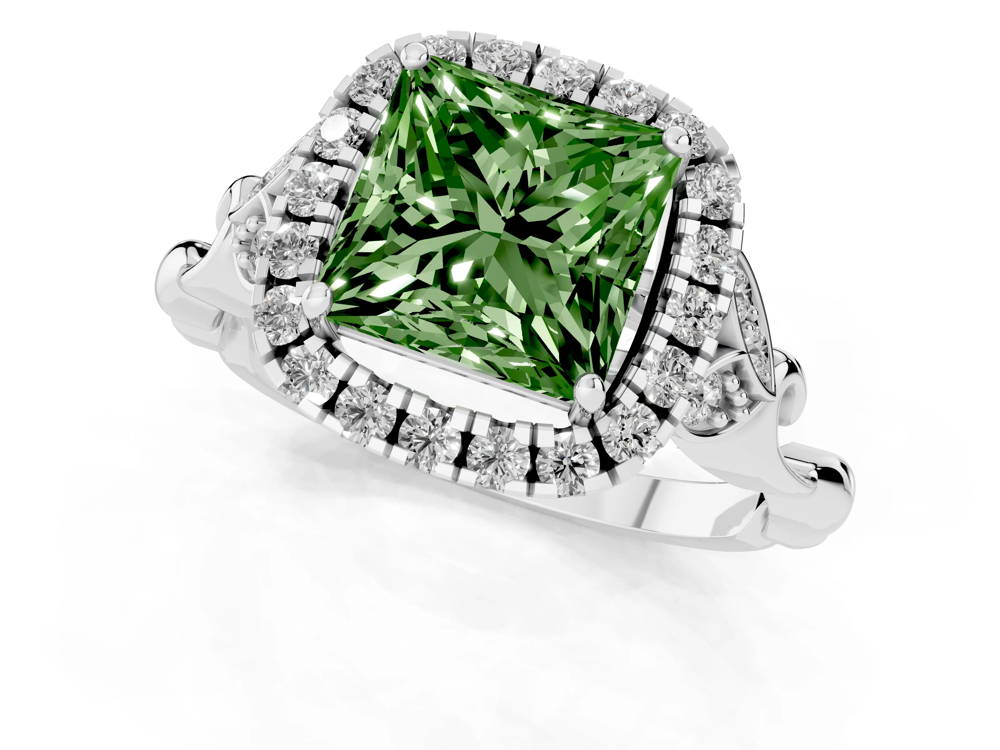 Fancy Green Princess Cut Diamond Halo Engagement Ring Set in Silver with Vintage-Inspired Band and Prong Setting