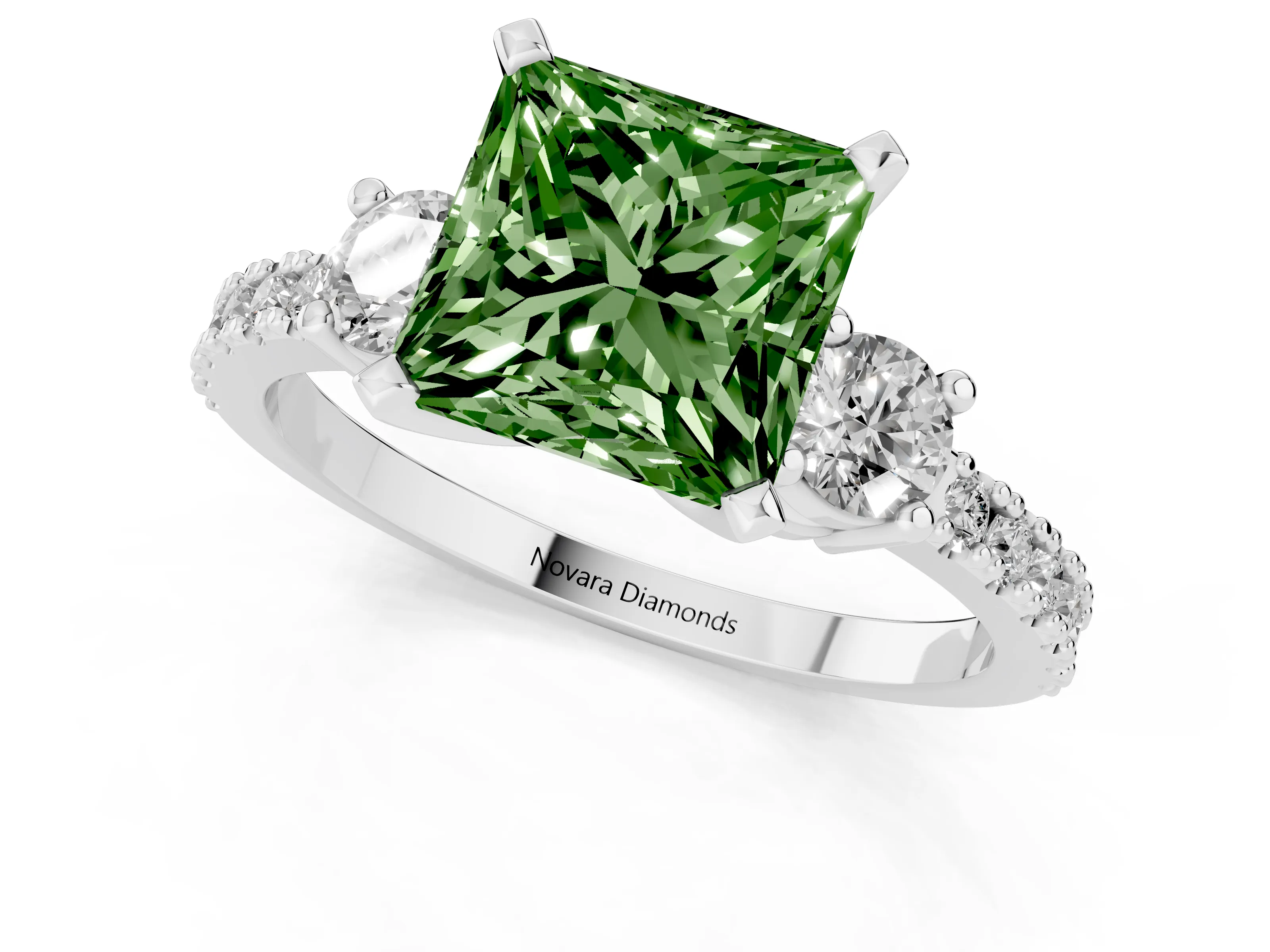 Fancy Green Three-Stone Princess Cut Diamond Pavé Band Ring Set in Silver with Prong Setting