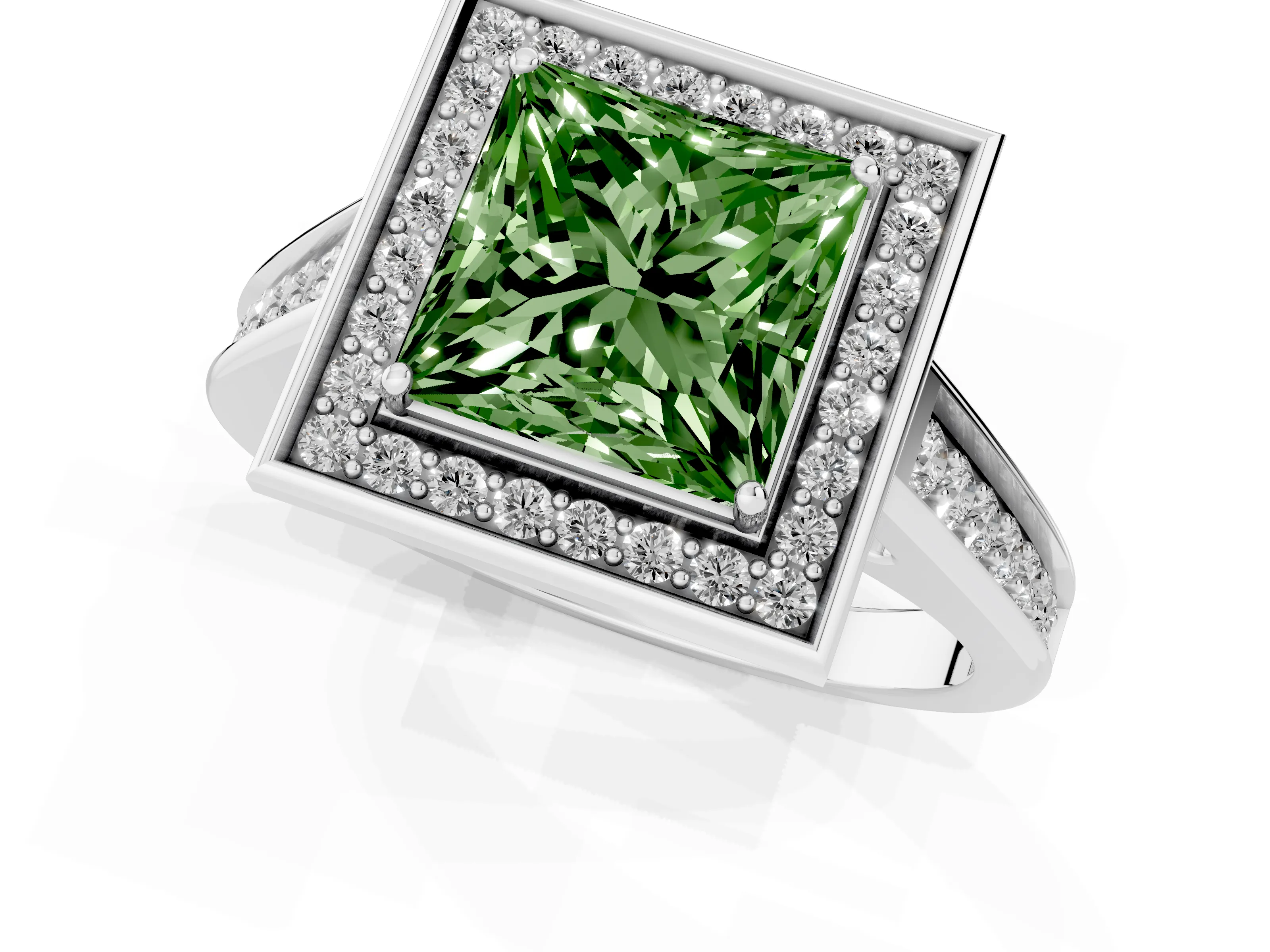 Fancy Green Princess Cut Diamond Halo Solitaire Ring Set in Platinum with Pavé Band and Bezel Setting