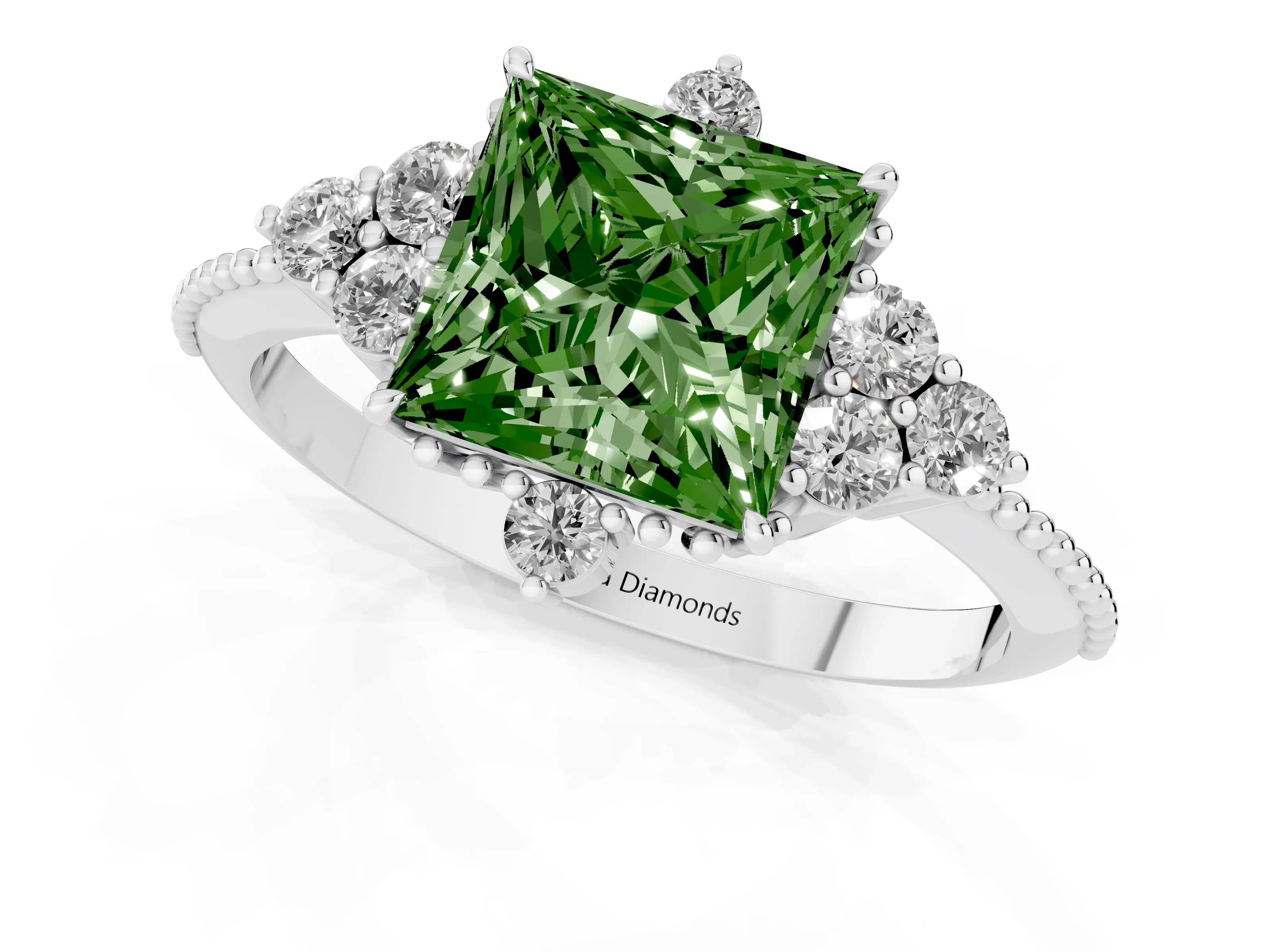 Fancy Green Princess Cut Diamond Cluster Ring Set in Silver with Beaded Band