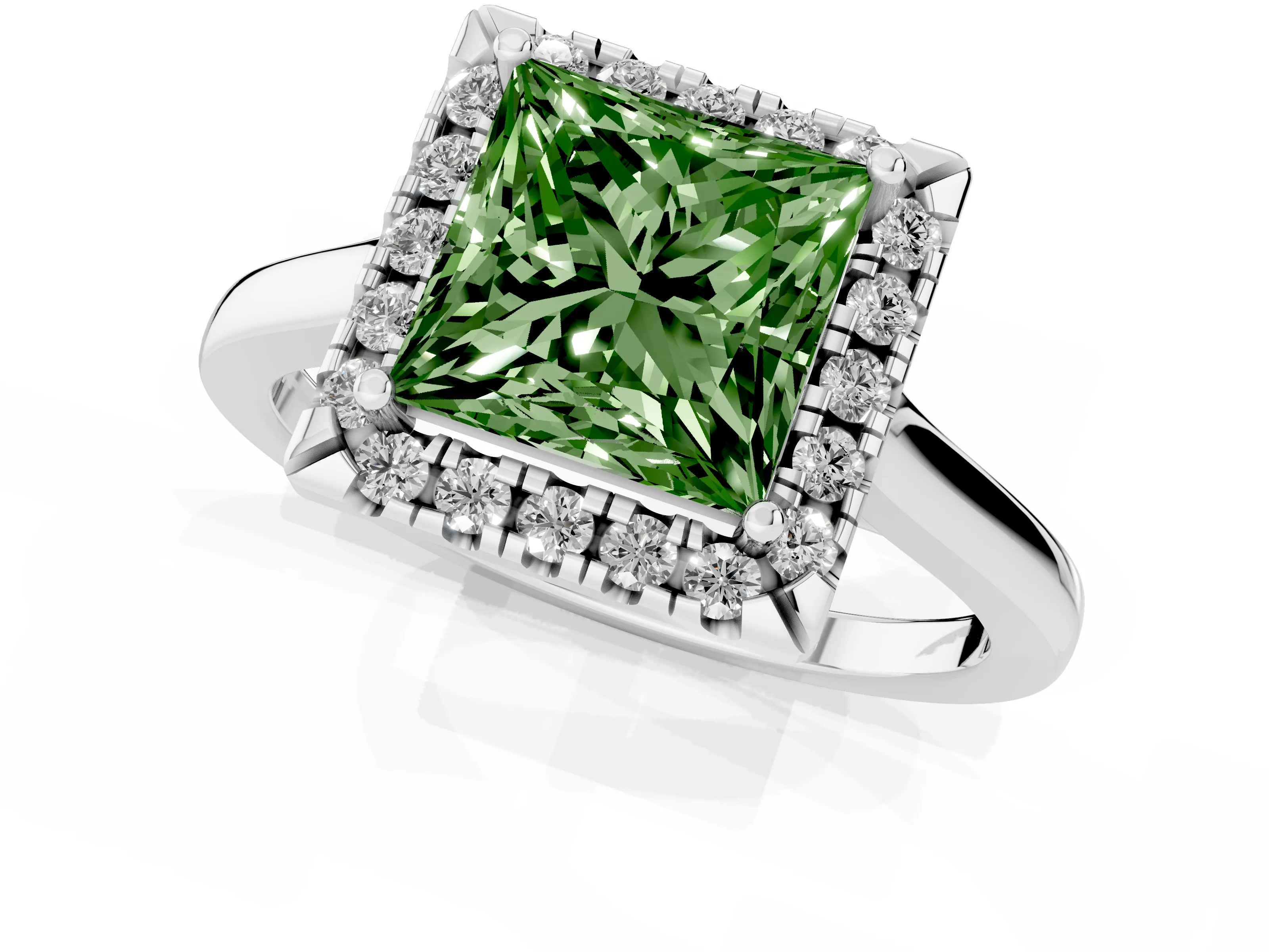 Fancy Green Princess Cut Halo Round Diamond Solitaire Ring Set in White gold with Pavé Band and Prong Setting