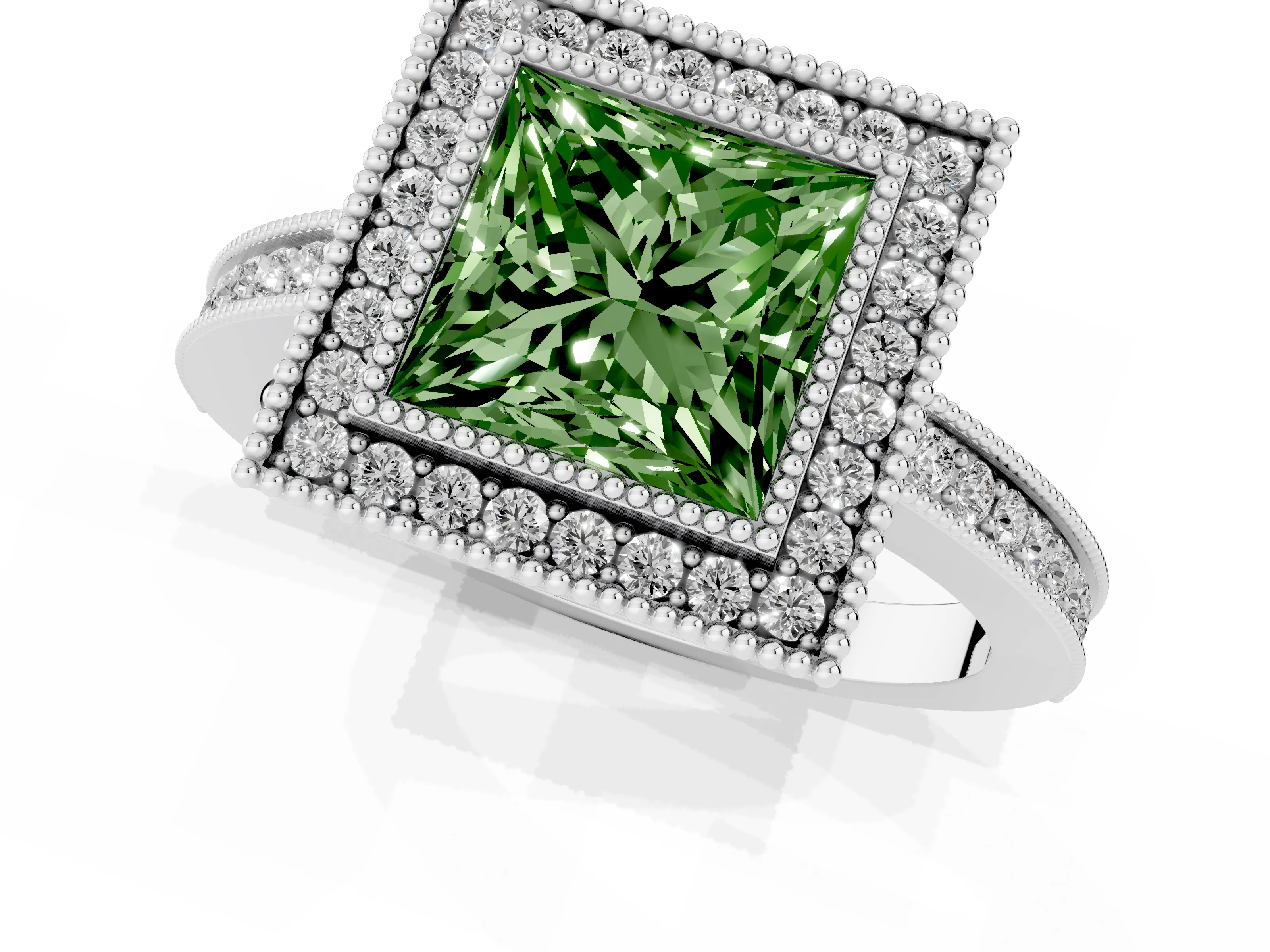 Fancy Green Princess Cut Diamond Halo Ring Set in White gold with Pavé Band and Milgrain-Edged Prongs