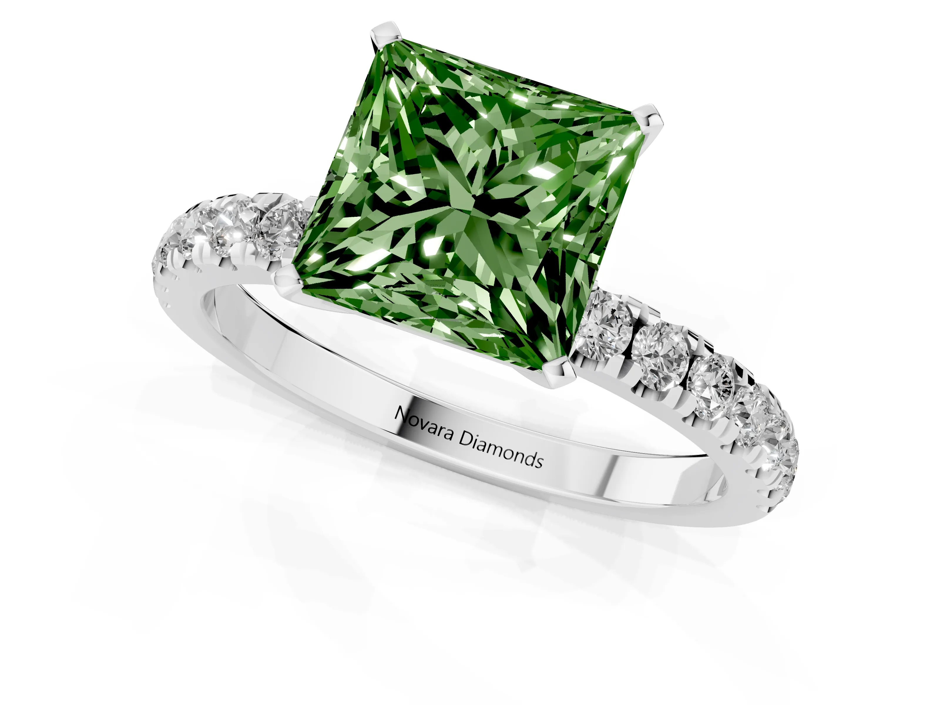 Fancy Green Princess Cut Diamond Solitaire Ring Set in Silver with Pavé Accents and Prong Setting