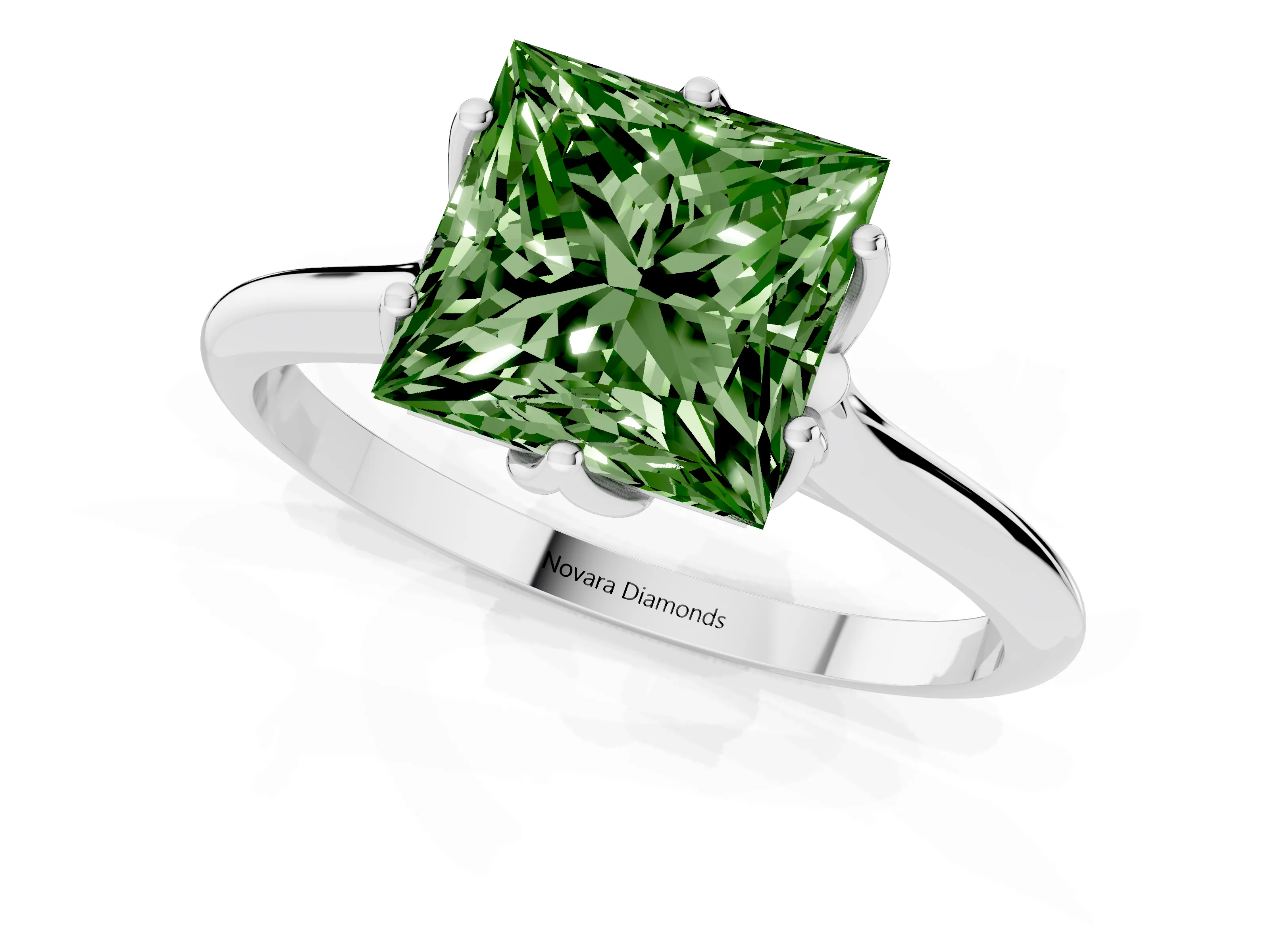 Fancy Green Princess Cut Diamond Solitaire Cathedral Ring Set in Silver with Prong Setting