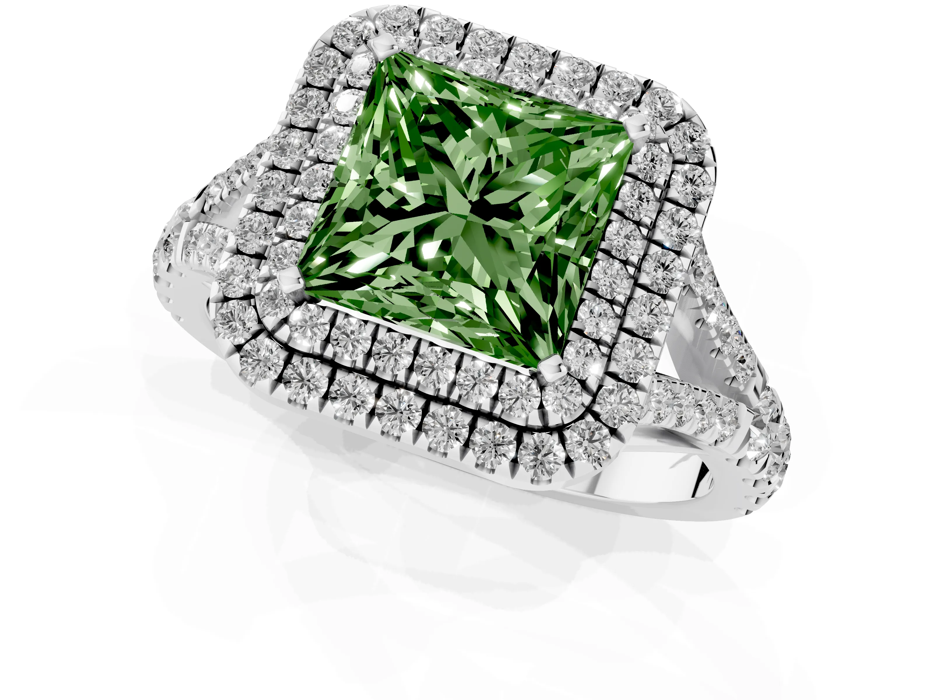 Fancy Green Princess Cut Diamond Pavé Split Shank Double Halo Engagement Ring Set in Platinum