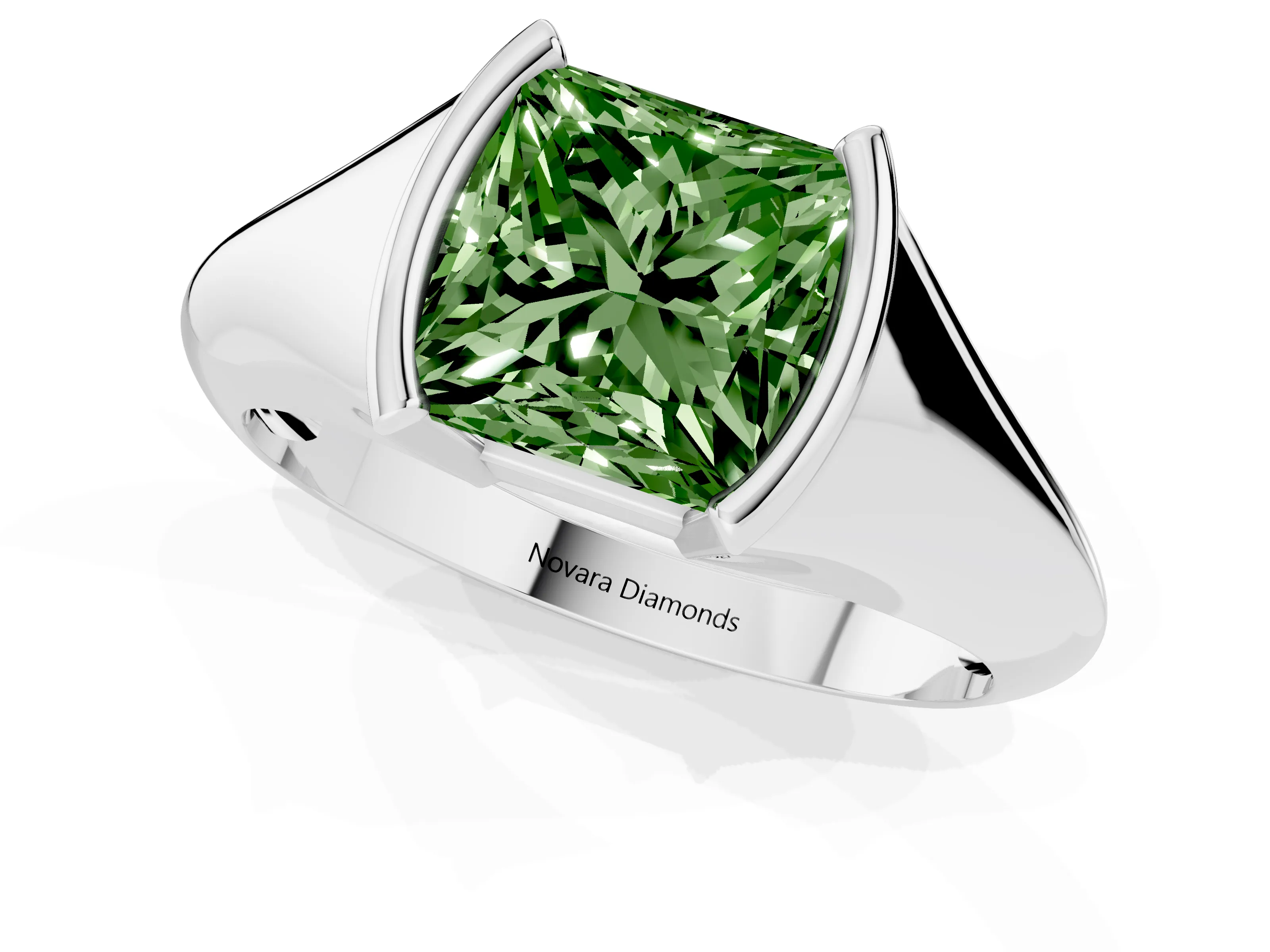 Fancy Green Princess Cut Diamond Solitaire Tension Set Ring Set in Silver