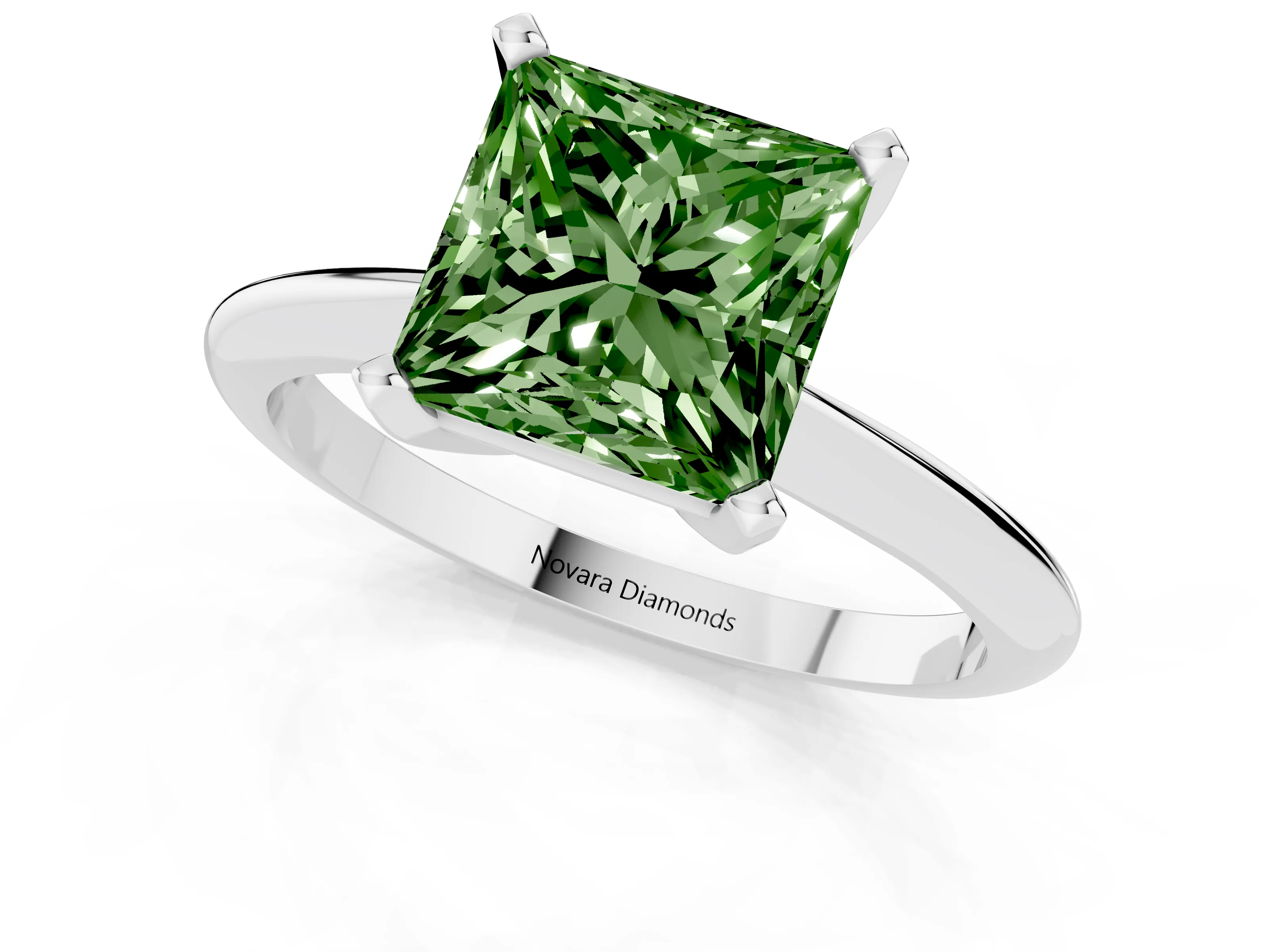Fancy Green Princess Cut Diamond Solitaire Ring Set in White gold with Prong Setting on a Plain Round Band