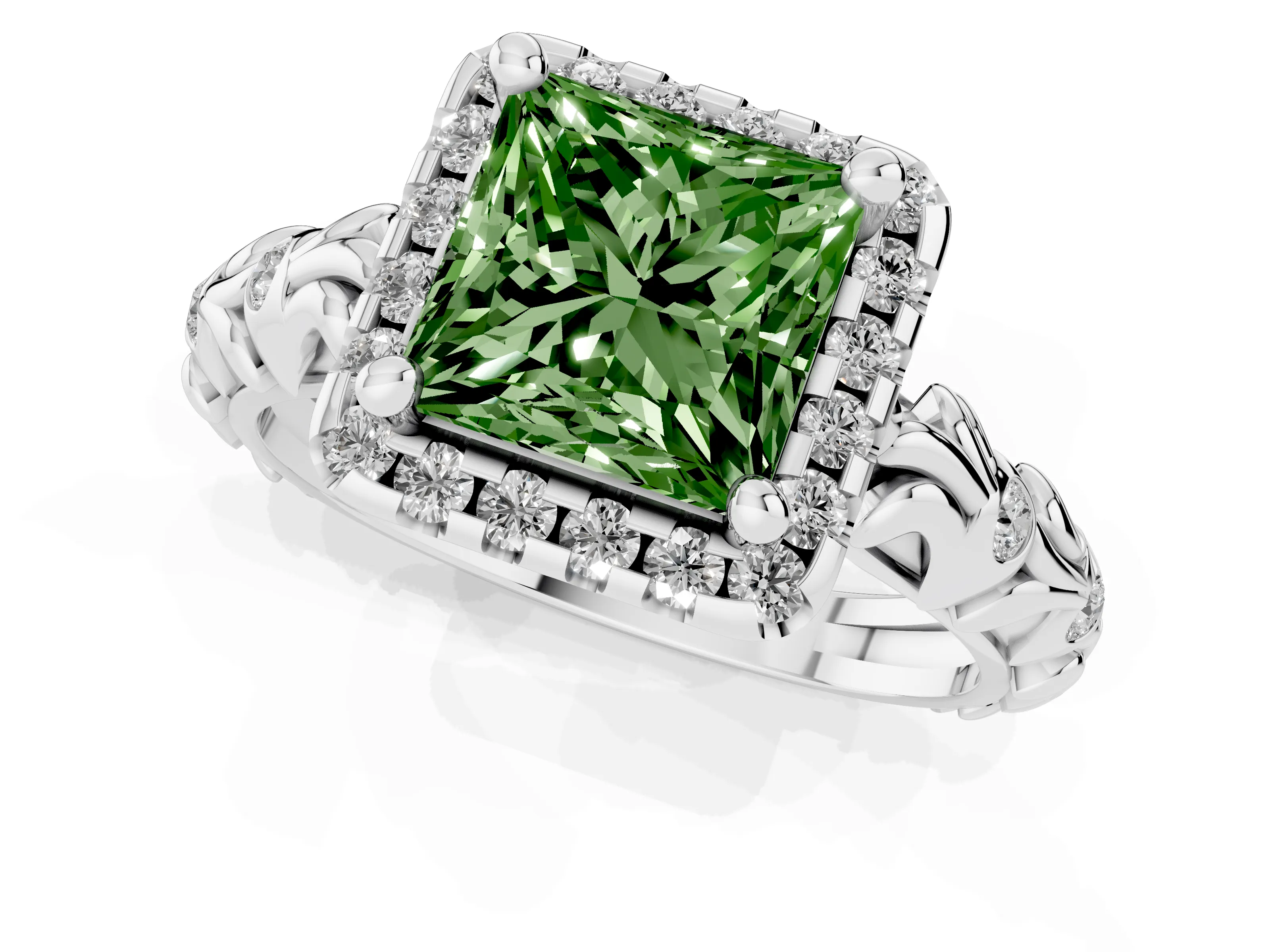 Fancy Green Princess Cut Diamond Halo Ring Set in Silver with Filigree Leaf Band and Prong Setting