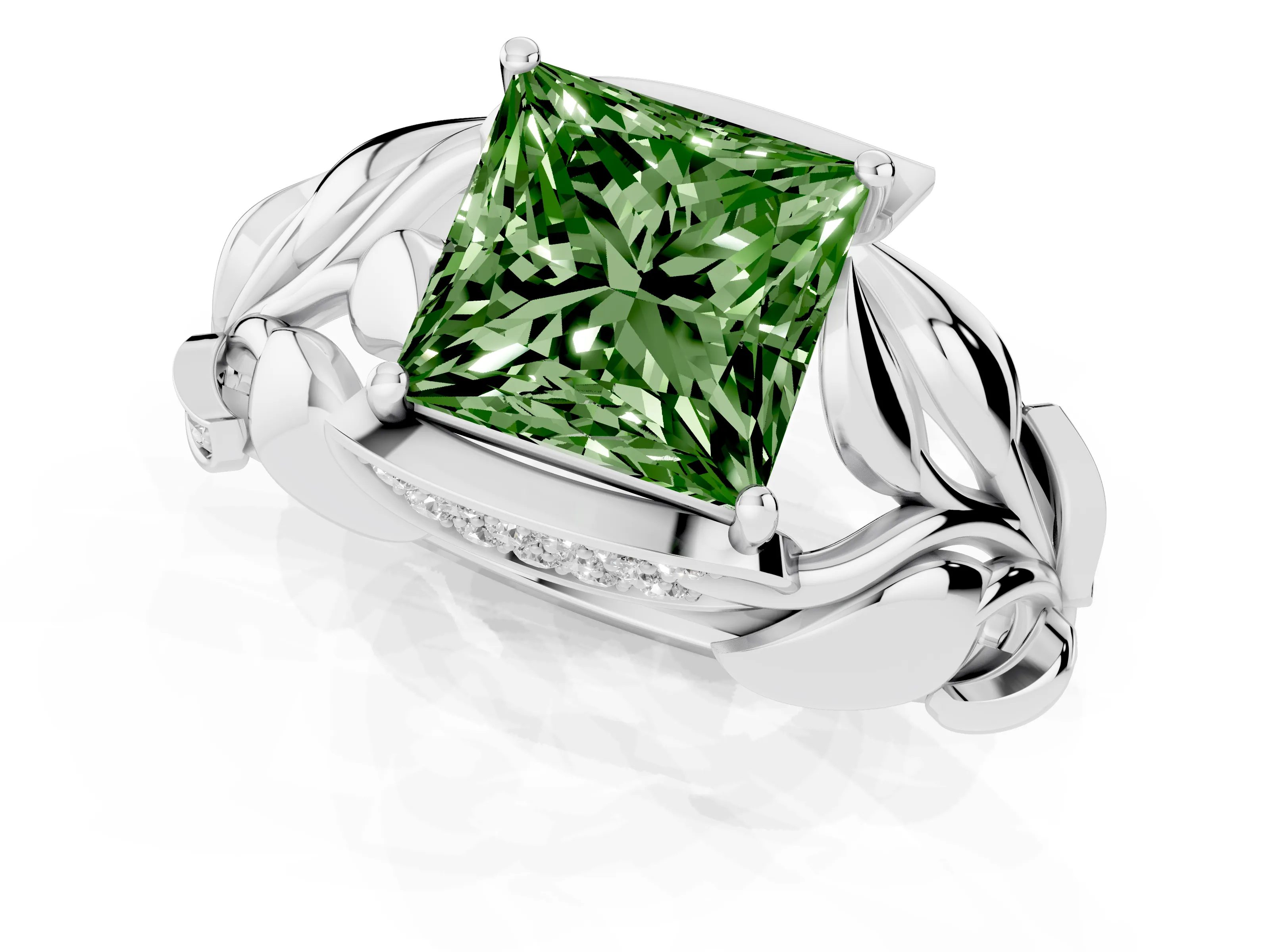 Fancy Green Princess Cut Diamond Leaf-Inspired Engagement Ring Set in Silver with Round Accents – second view