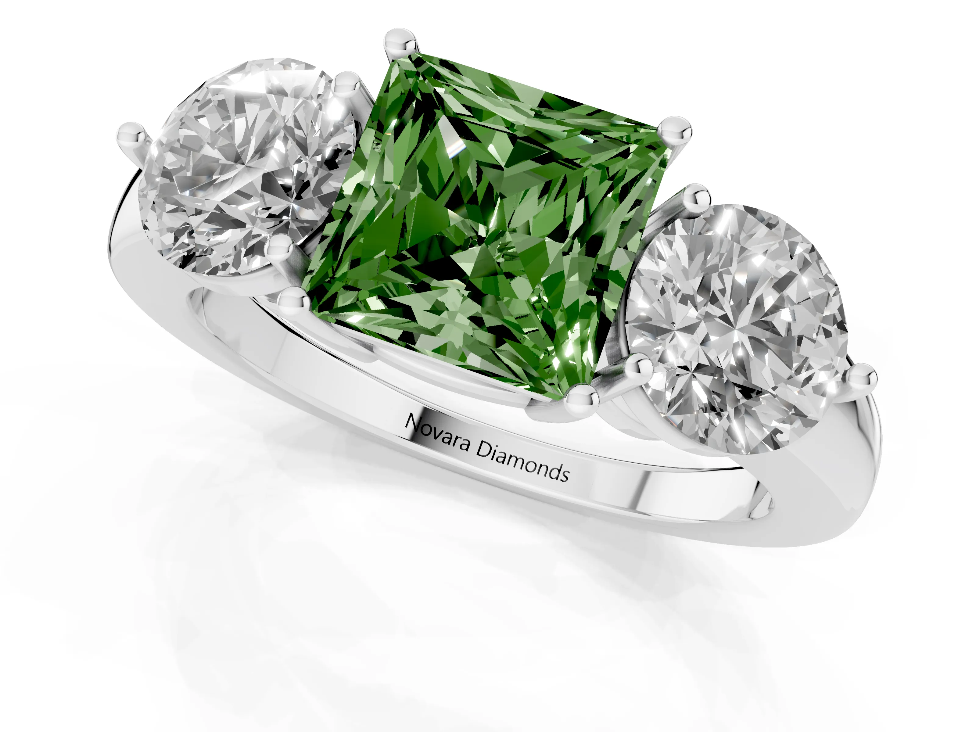 Fancy Green Princess Cut Diamond Three-Stone Ring Set in Platinum with Prong Setting and Plain Band – second view