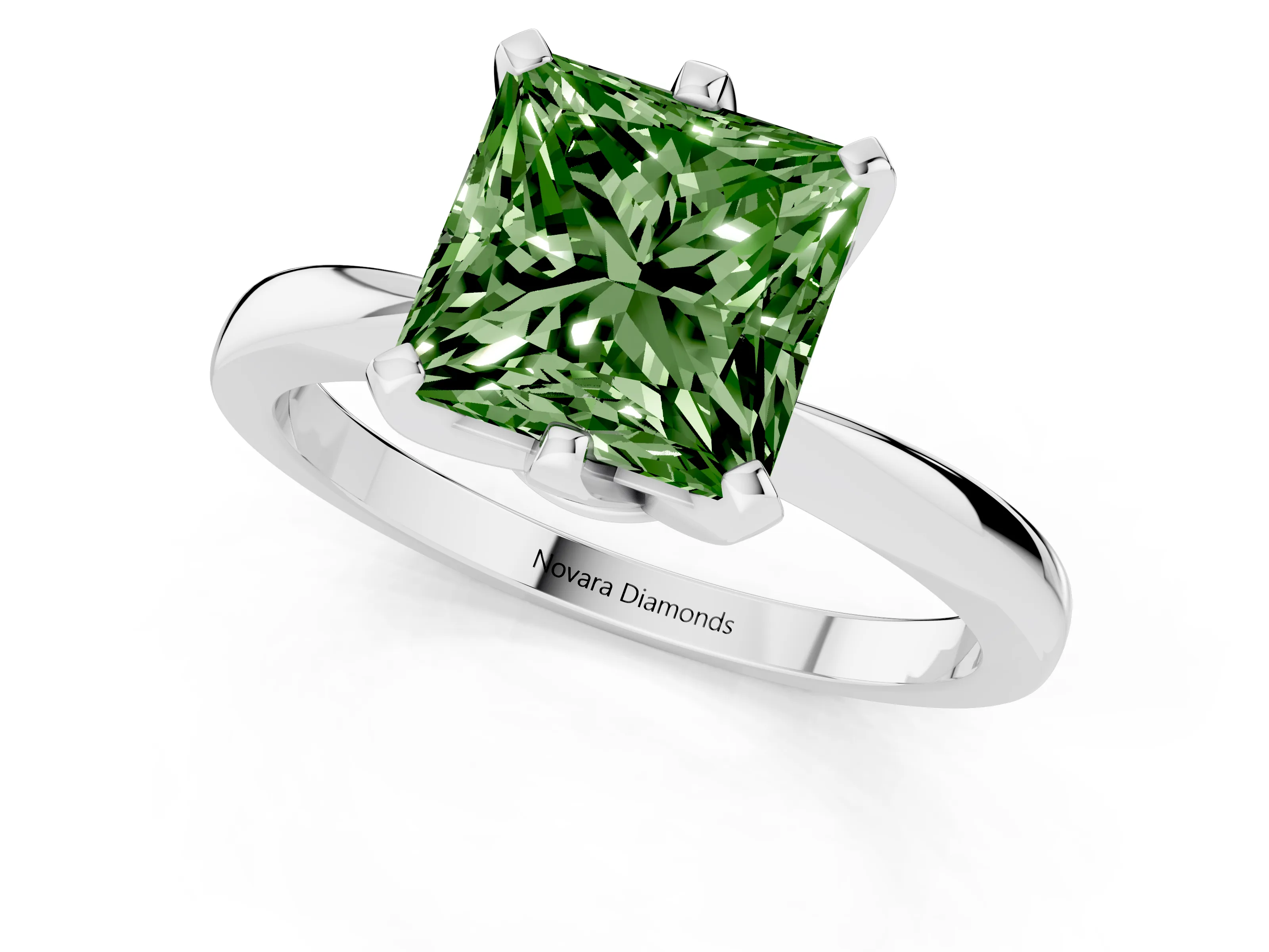 Fancy Green Princess Cut Diamond Solitaire Engagement Ring Set in Platinum with Slim Tapered Solitaire Band