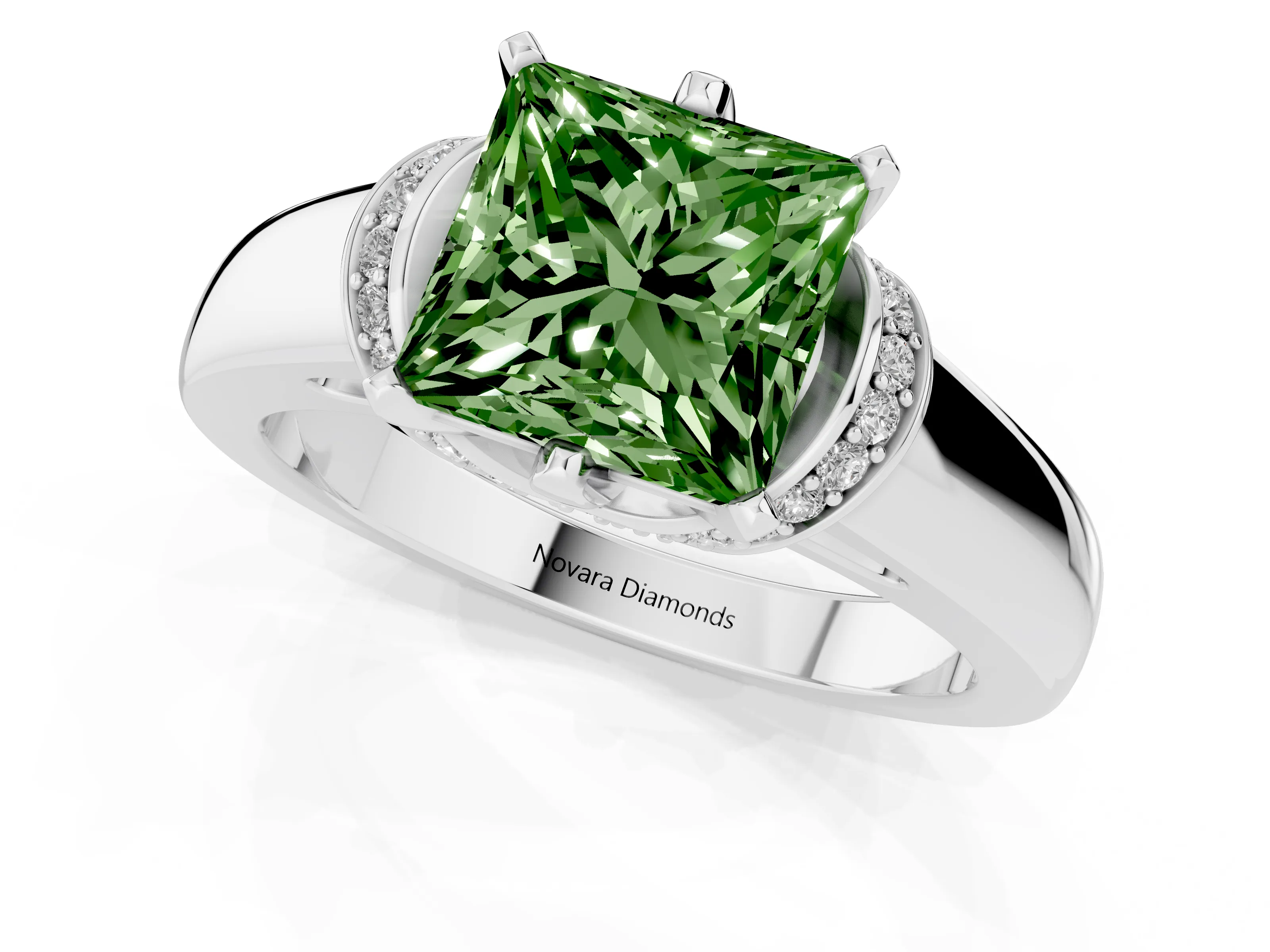 Fancy Green Princess Cut Diamond Pavé Band Solitaire Ring Set in Platinum with Prong Setting