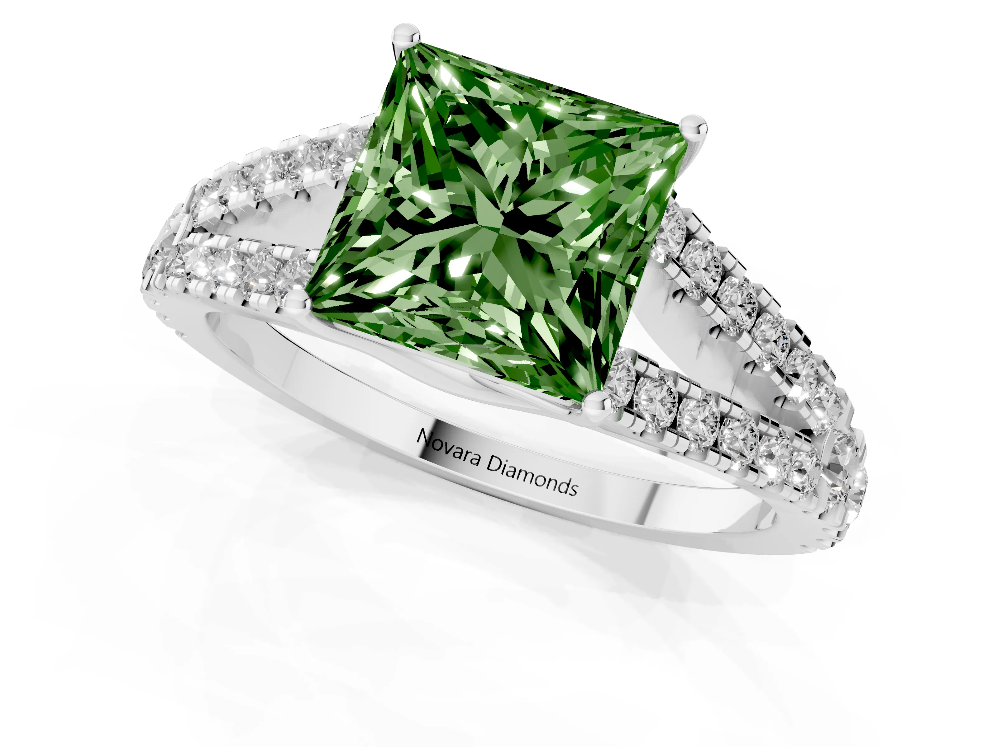 Fancy Green Princess Cut Diamond Split Shank Pavé Engagement Ring Set in White gold with Prong-Held Center Stone