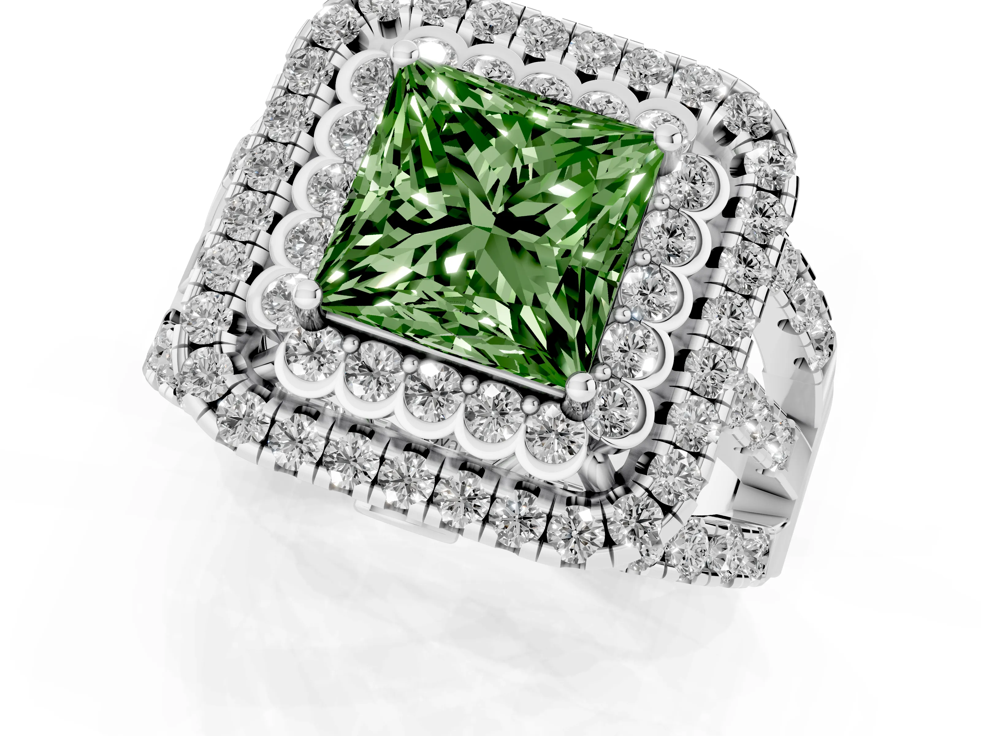 Fancy Green Princess Cut Diamond Double Halo Ring Set in White gold with Round Pavé Split Shank