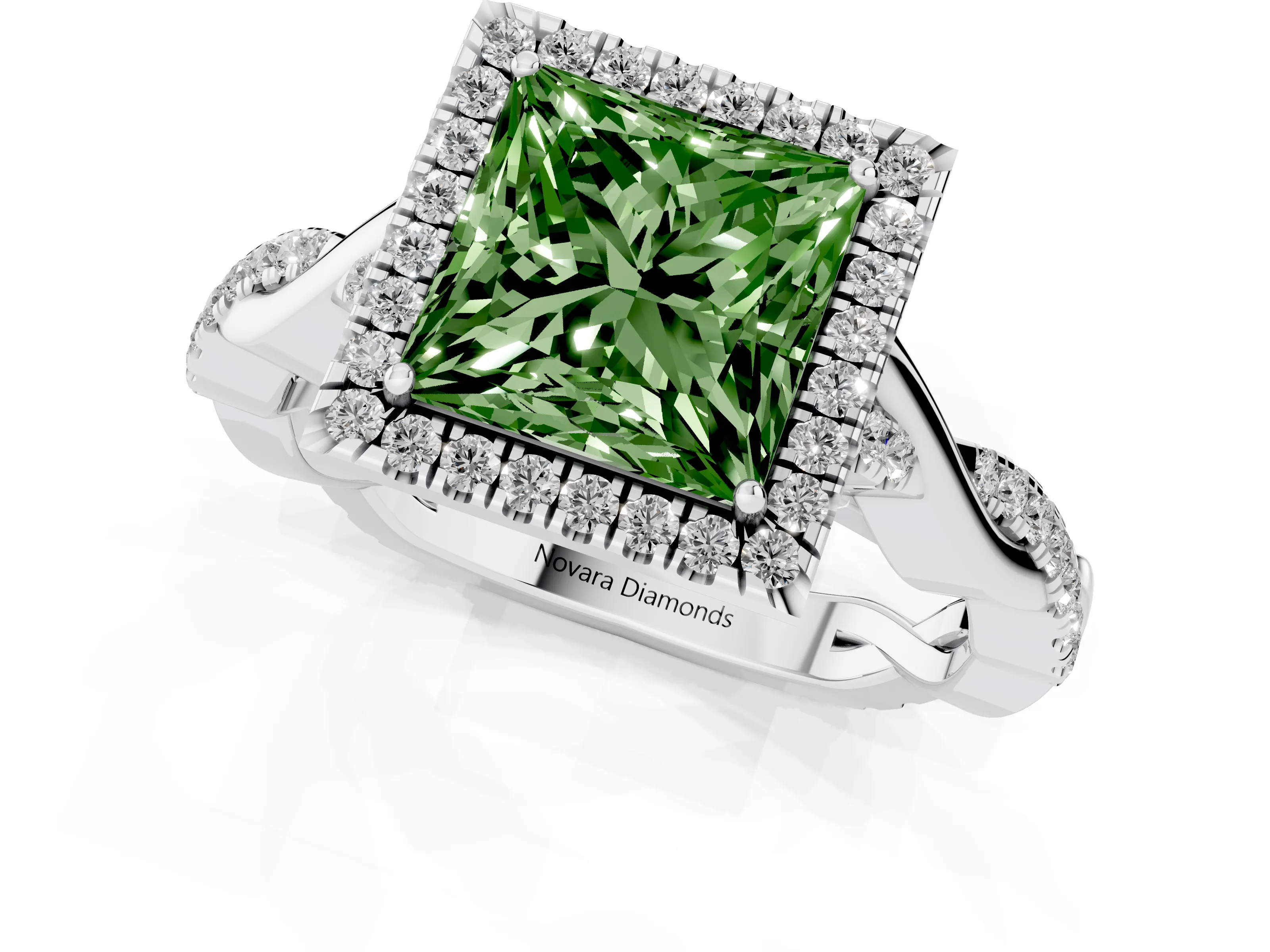 Fancy Green Princess Cut Diamond Halo Twist Band Solitaire Ring Set in Silver with Prong Setting