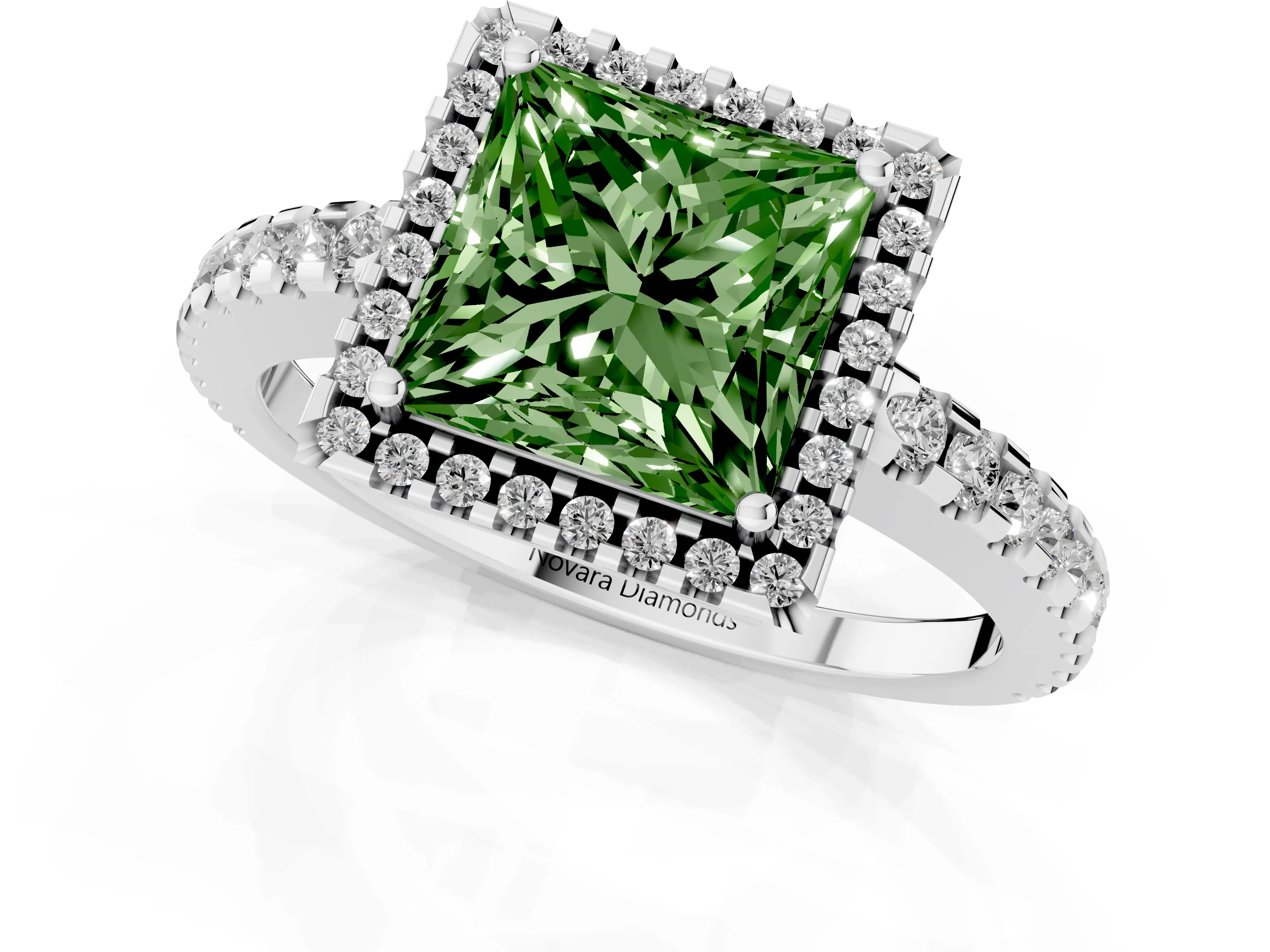 Fancy Green Princess Cut Diamond Halo Ring Set in Silver with Pavé Shoulders and Halo-Framed Center