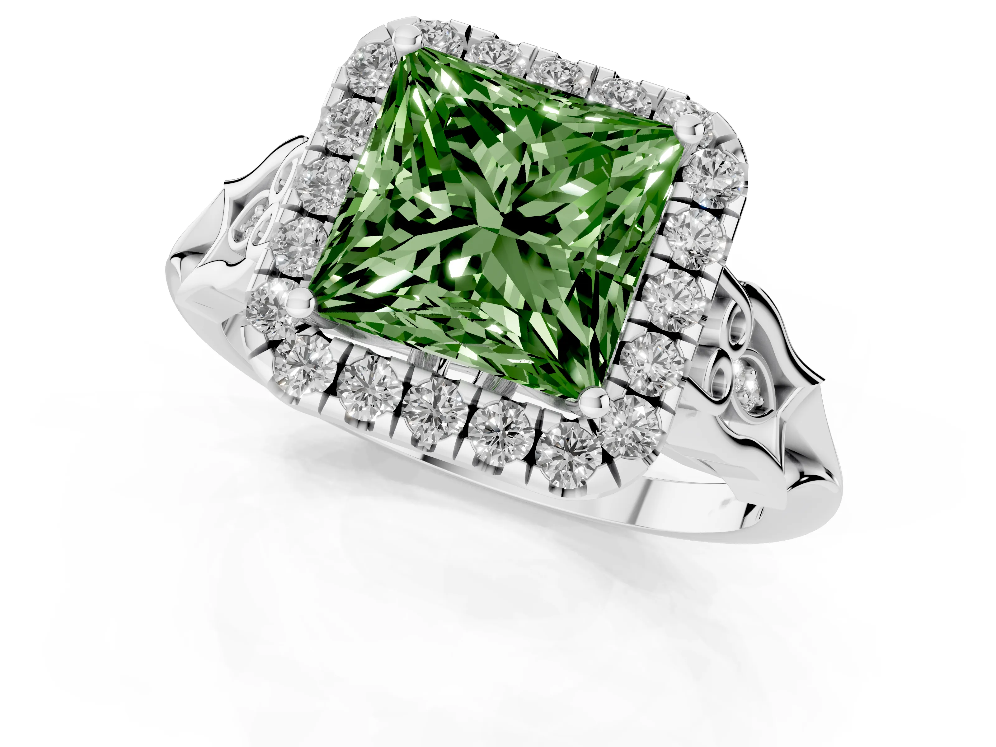 Fancy Green Princess Cut Diamond Halo Engagement Ring Set in Platinum with Filigree Band and Prong-Set Center – second view
