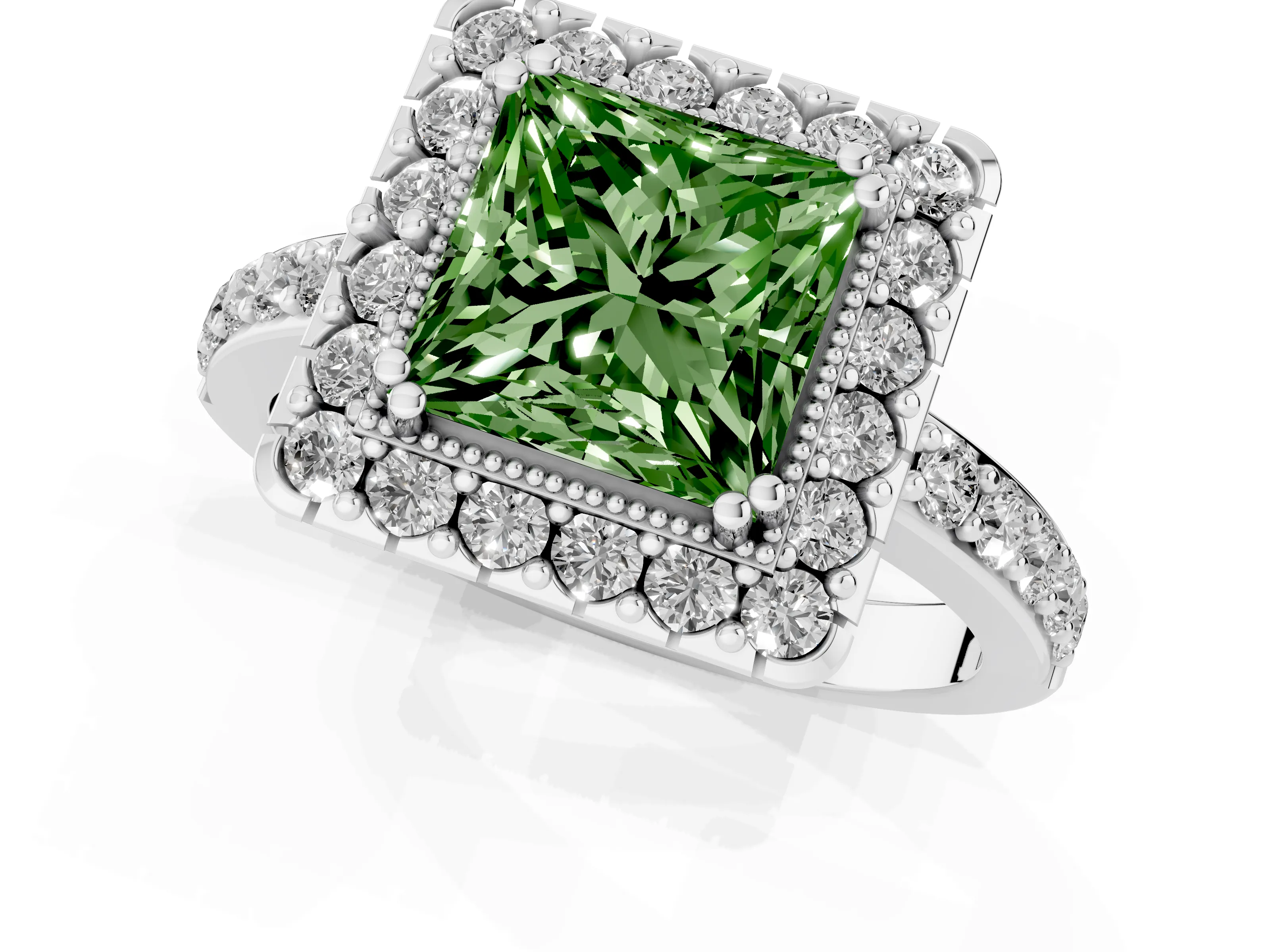 Fancy Green Princess Cut Diamond Halo Ring Set in White gold with Pavé Shank and Prong Setting
