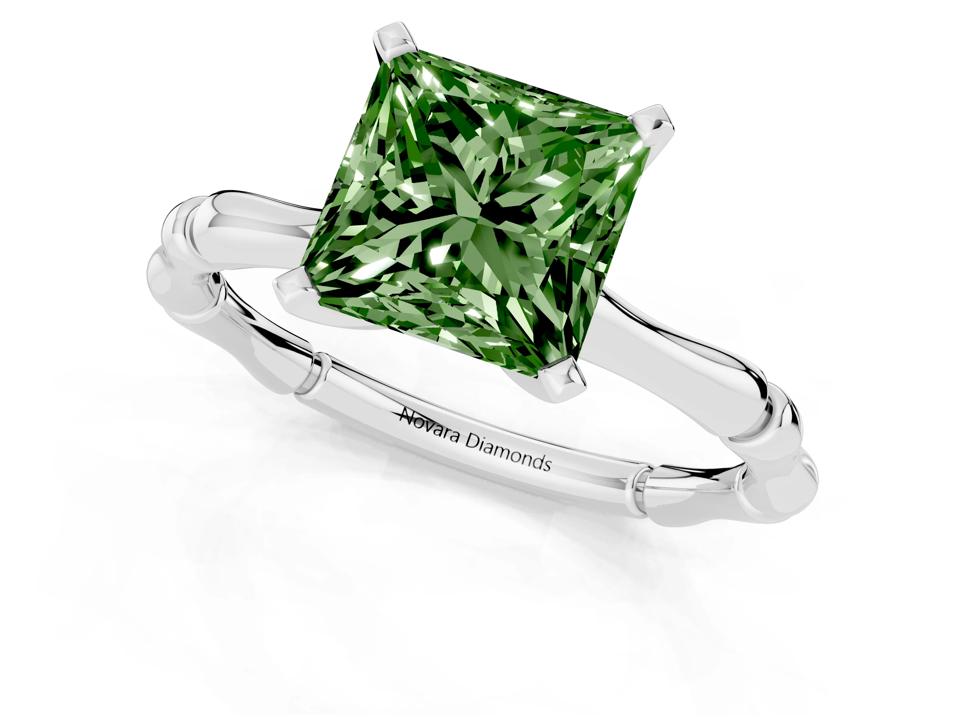 Fancy Green Princess Cut Diamond Solitaire Ring Set in Silver with Bamboo Band and Prong Setting