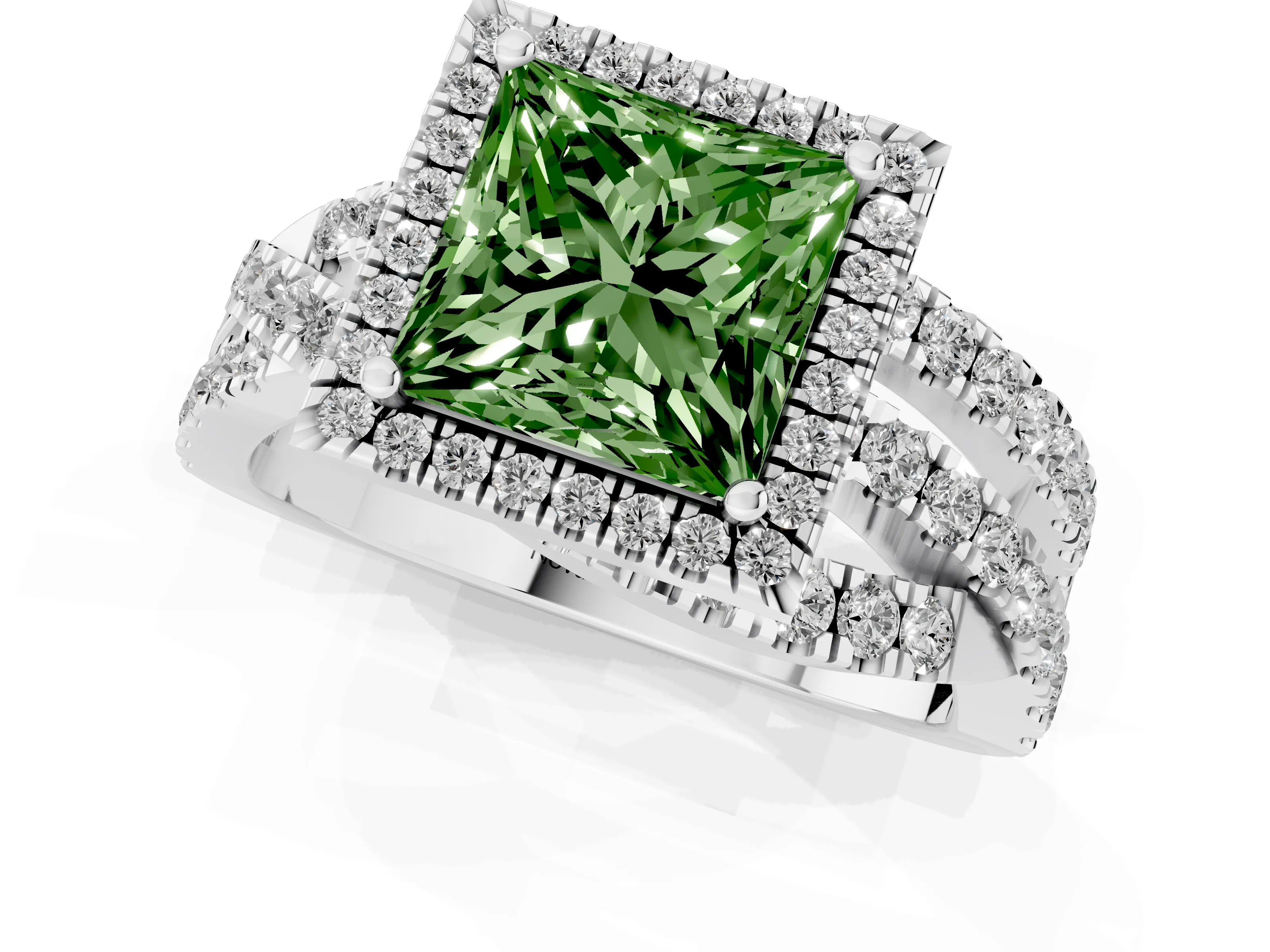 Fancy Green Princess Cut Diamond Halo Ring Set in White gold with Round Crossover Split Shank and Prong Setting