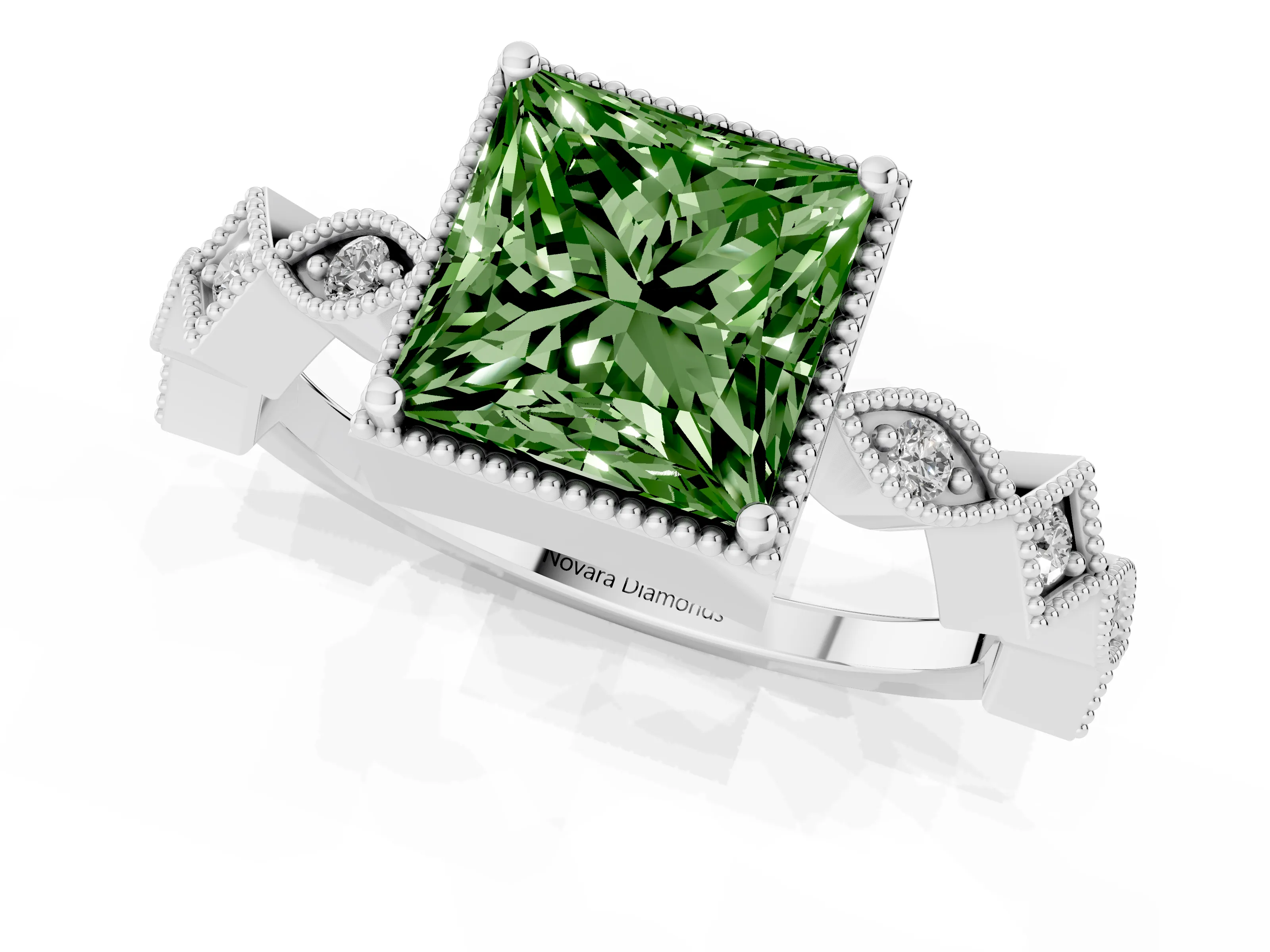 Fancy Green Princess Cut Diamond Milgrain Marquise Twist Band Ring Set in White gold with Prong Setting