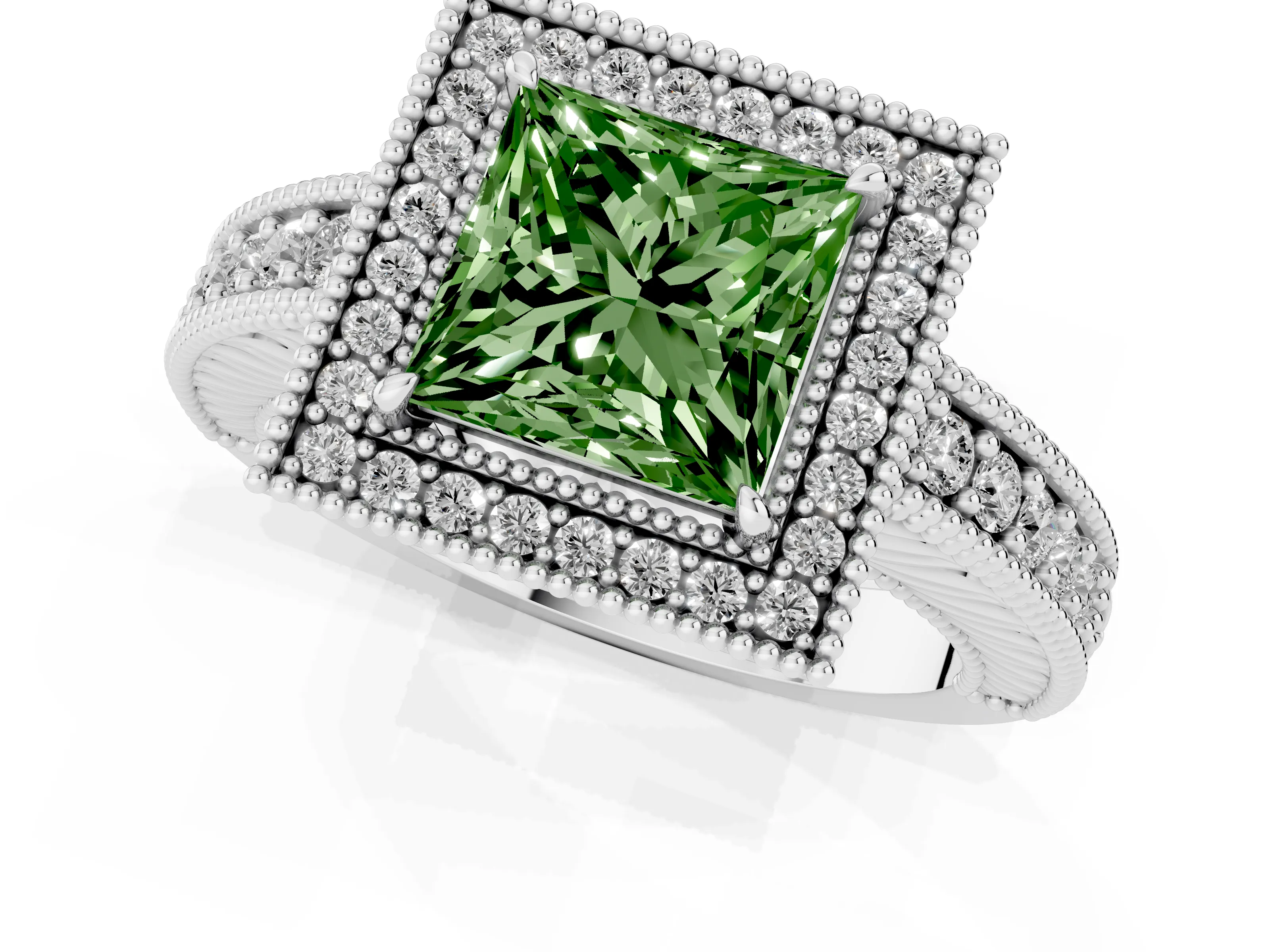 Fancy Green Princess Cut Diamond Halo Ring Set in White gold with Round Accent Halo, Pavé Band and Prong Setting