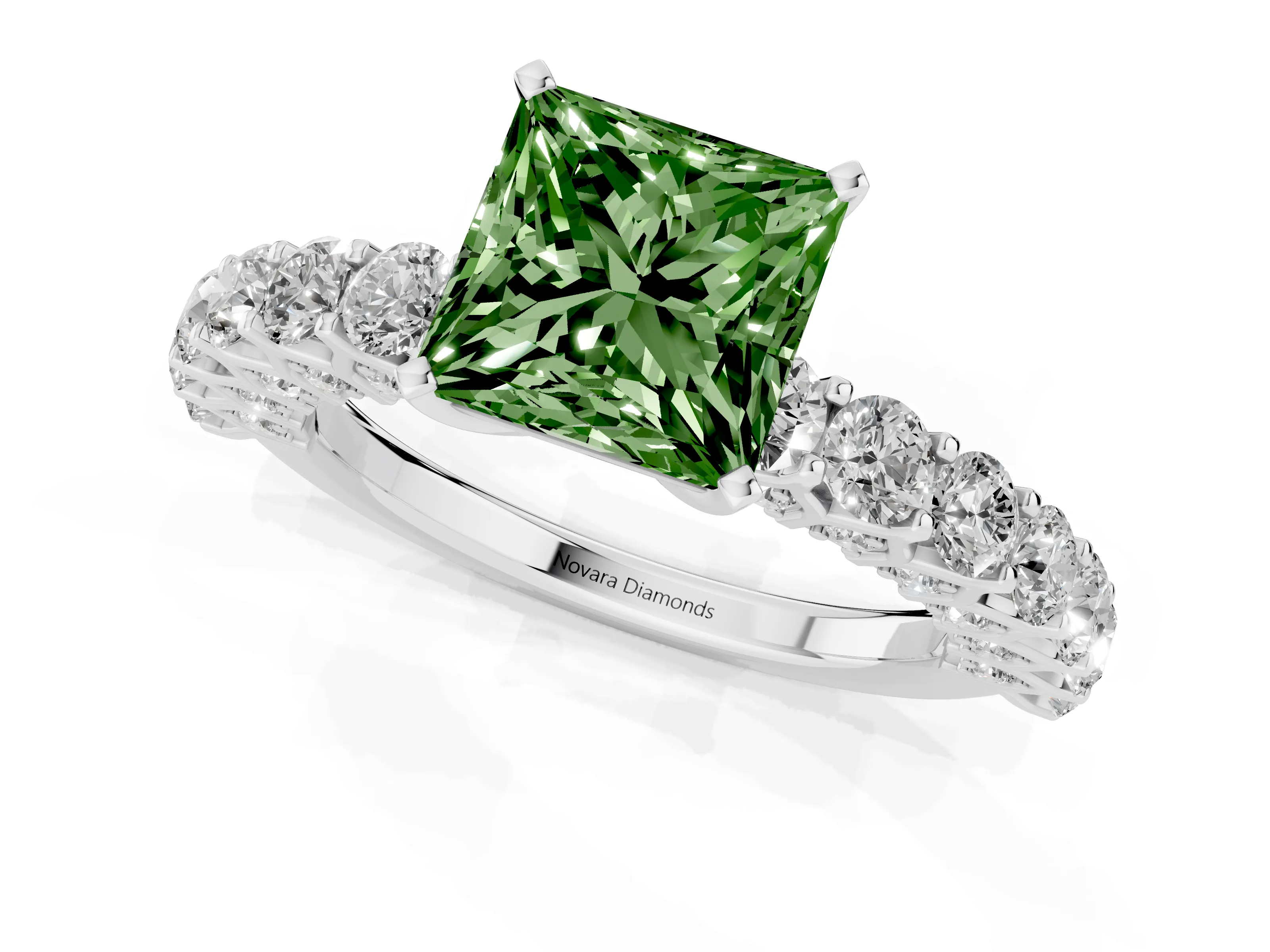 Fancy Green Princess Cut Diamond Solitaire Ring Set in Silver with Shared Prong Pavé Band