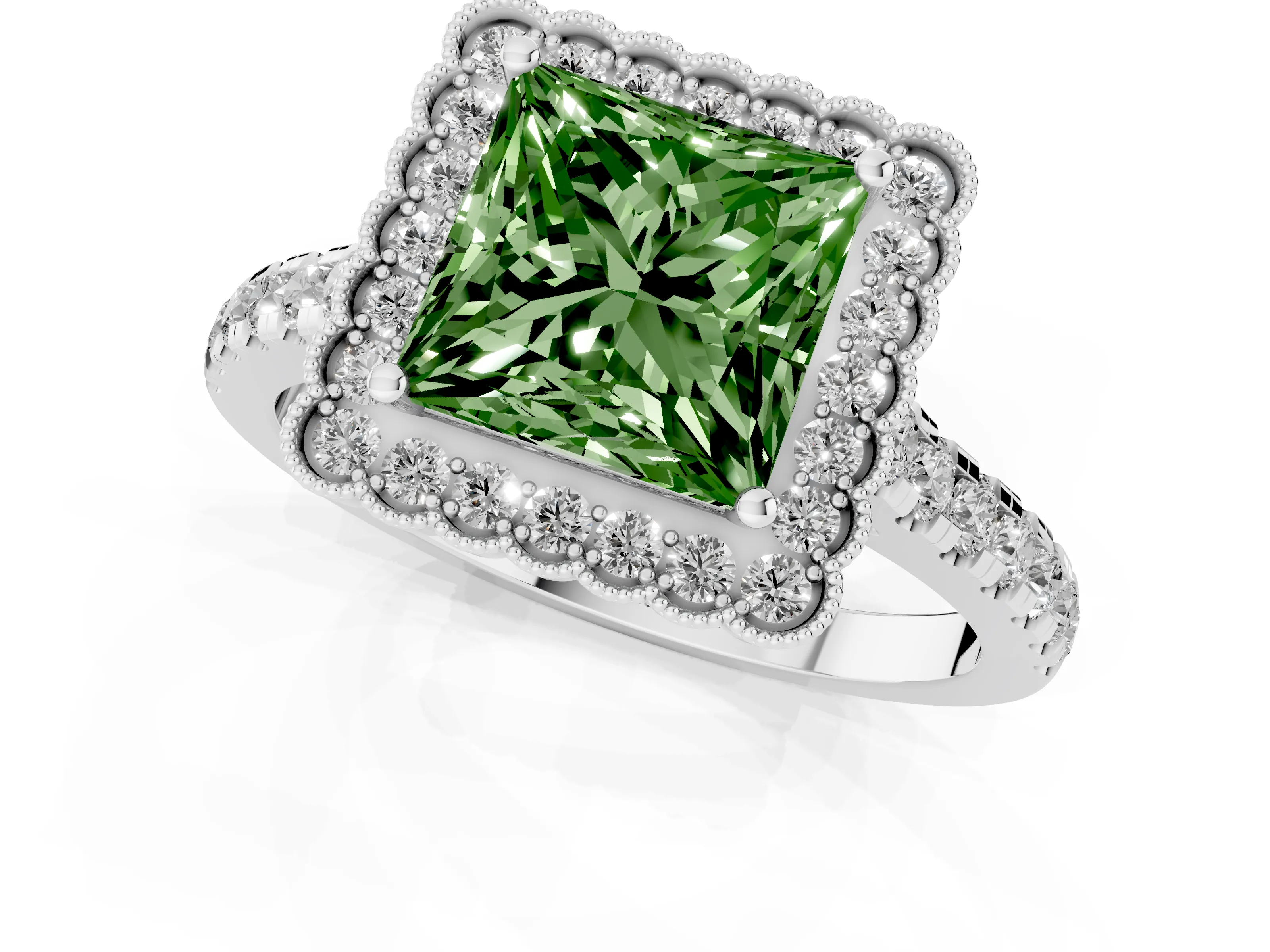 Fancy Green Princess Cut Diamond Milgrain Floral Halo Engagement Ring Set in Silver with Pavé Band