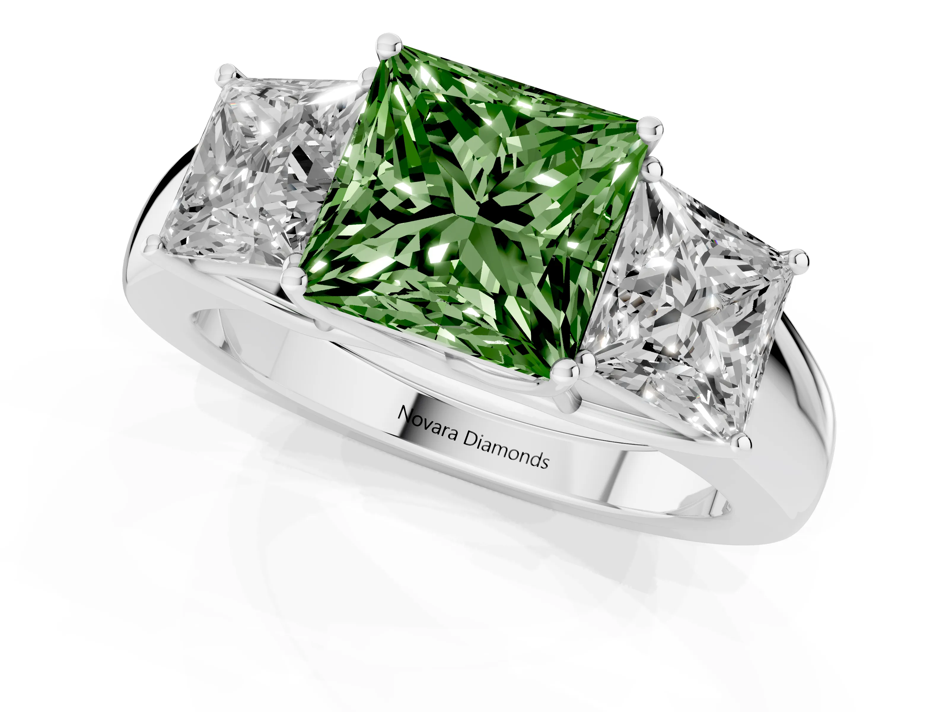 Fancy Green Three-Stone Princess Cut Diamond Ring Set in Platinum with Matching Prong Settings and Plain Band