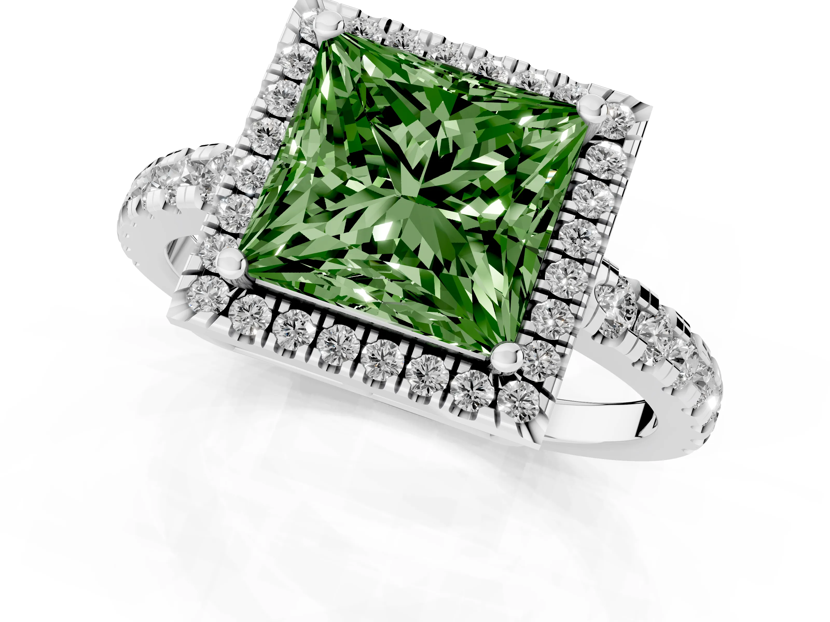 Fancy Green Princess Cut Diamond Halo Ring Set in Silver with Delicate Pavé Band and Prong Setting
