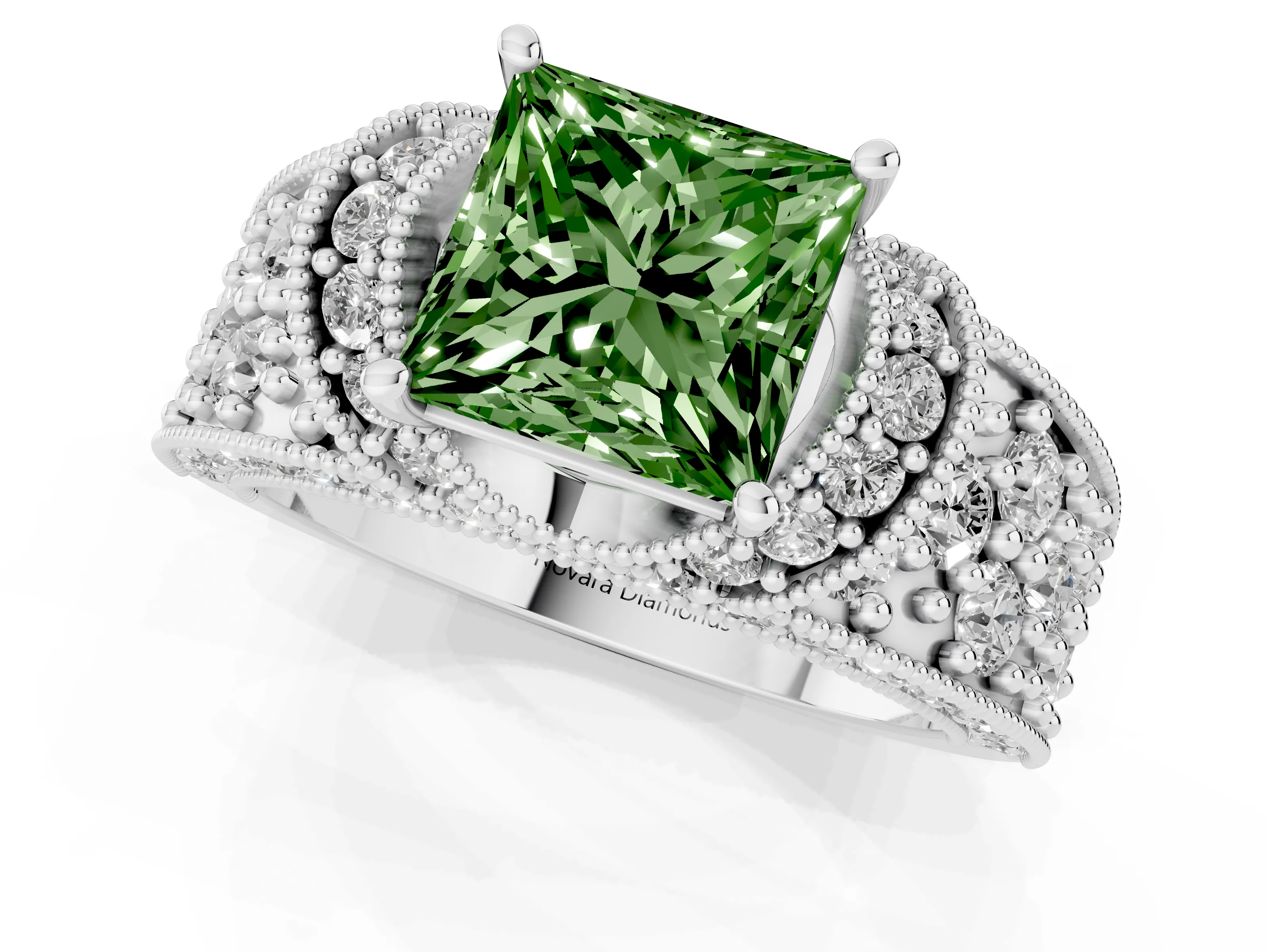 Fancy Green Princess Cut Diamond Milgrain Halo Pavé Engagement Ring Set in White gold with Prong Setting