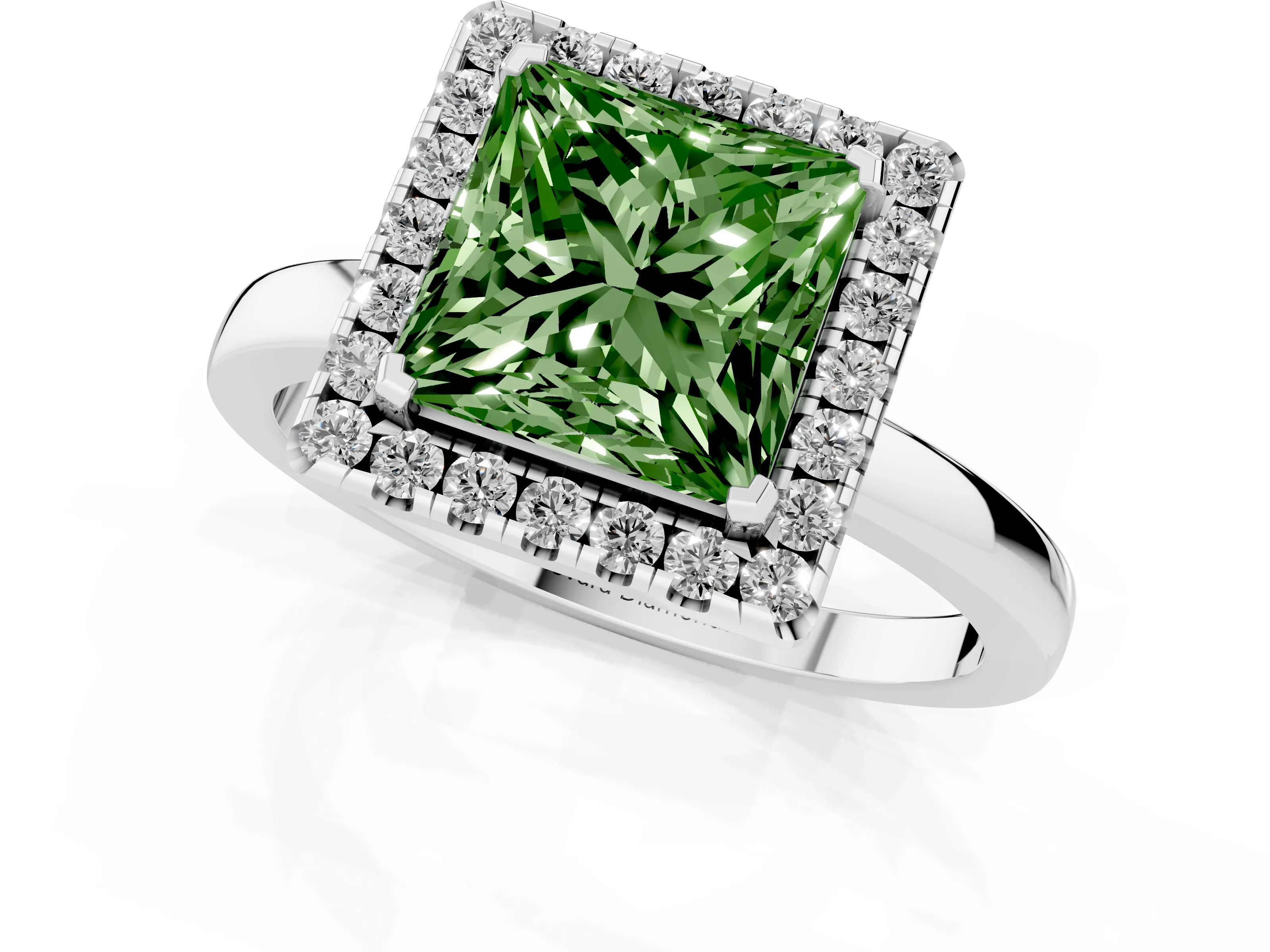 Fancy Green Princess Cut Diamond Halo Solitaire Ring Set in White gold with Pavé Band and Prong Setting