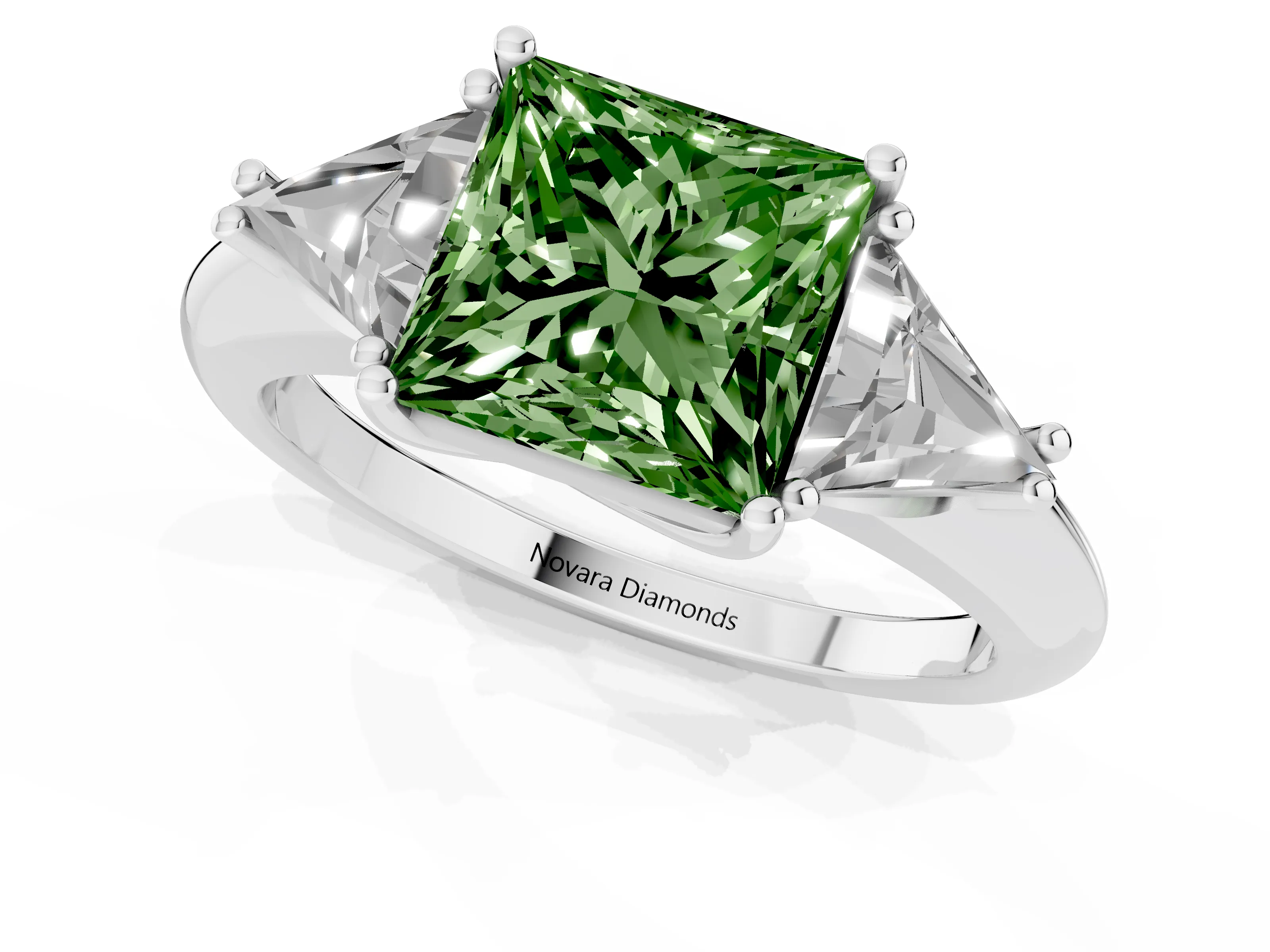 Fancy Green Princess Cut Diamond Three-Stone Engagement Ring Set in White gold with Trillion Side Stones