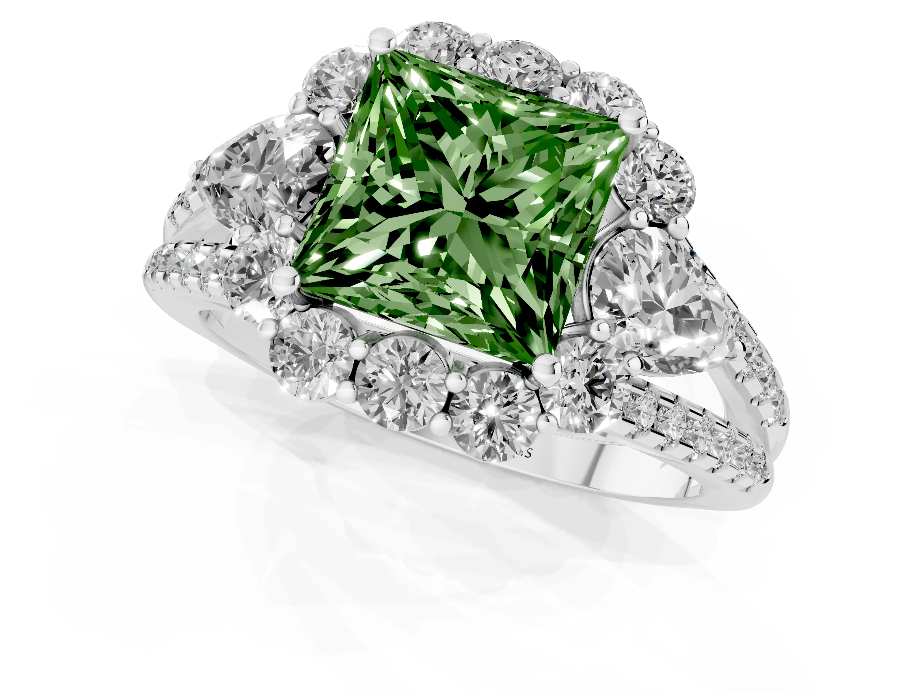 Fancy Green Princess Cut Diamond Halo Split Shank Engagement Ring Set in Platinum with Prong-Held Center Stone