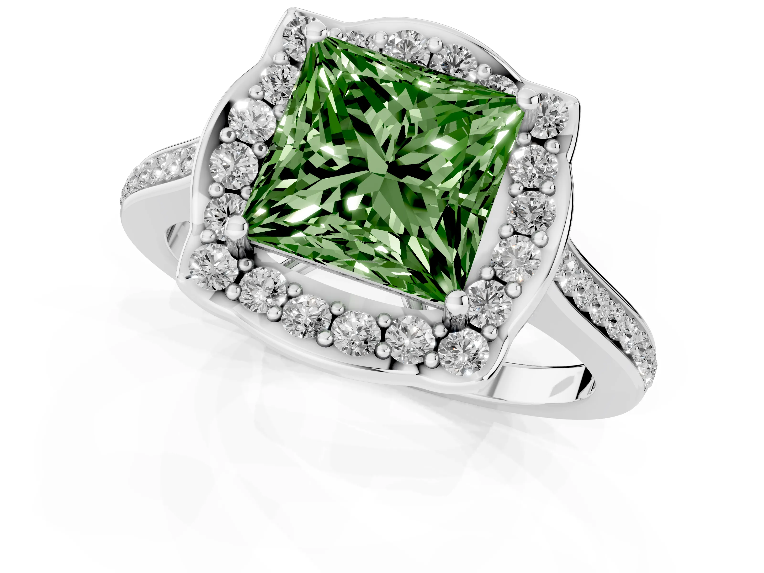 Fancy Green Princess Cut Diamond Halo Ring Set in White gold with Pavé-Lined Shoulders and Prong Setting