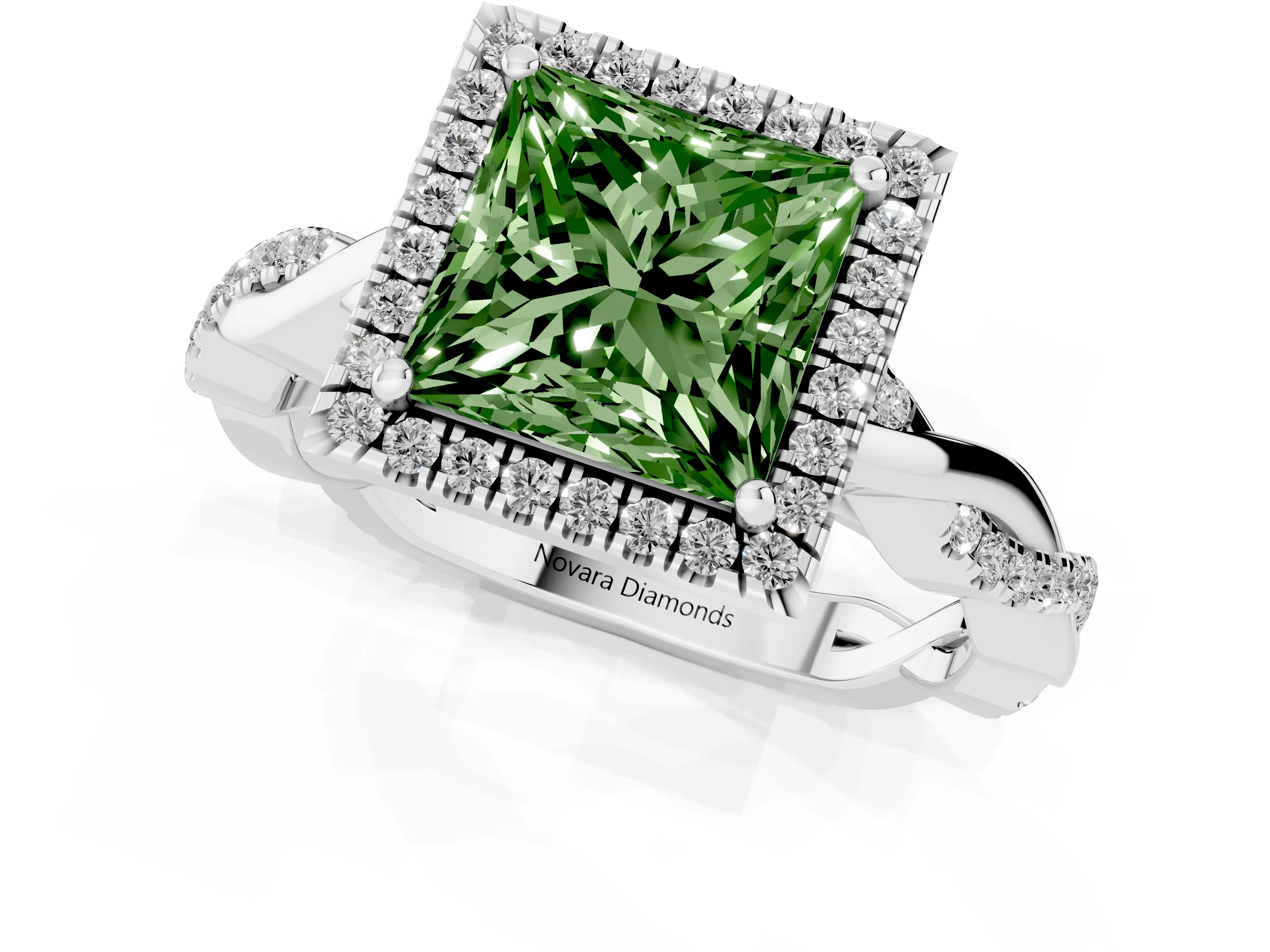 Fancy Green Princess Cut Diamond Halo Twisted Band Ring Set in Silver with Prong Setting